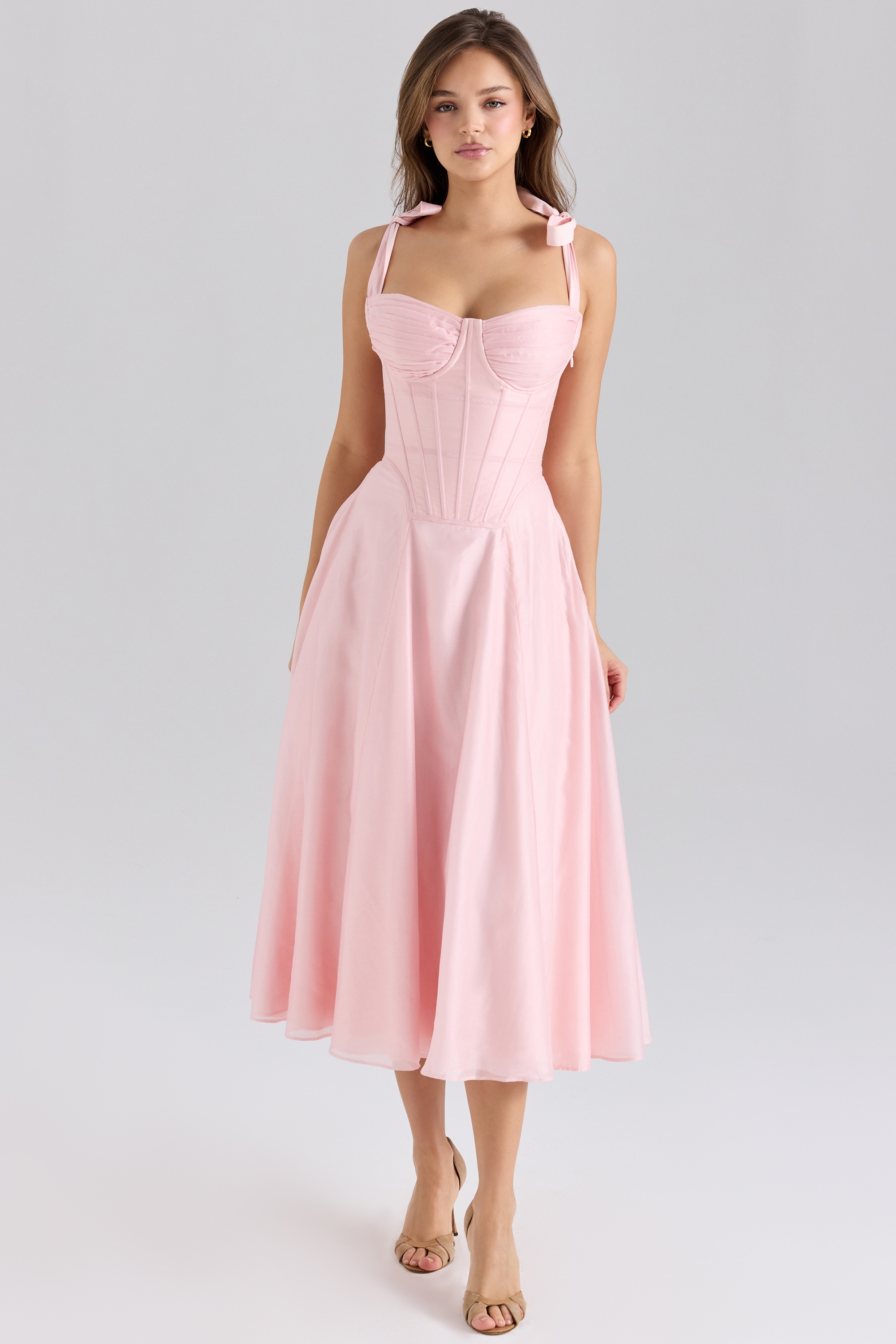 Pink Chiffon Tie Strap Midi Dress - TREBLEV