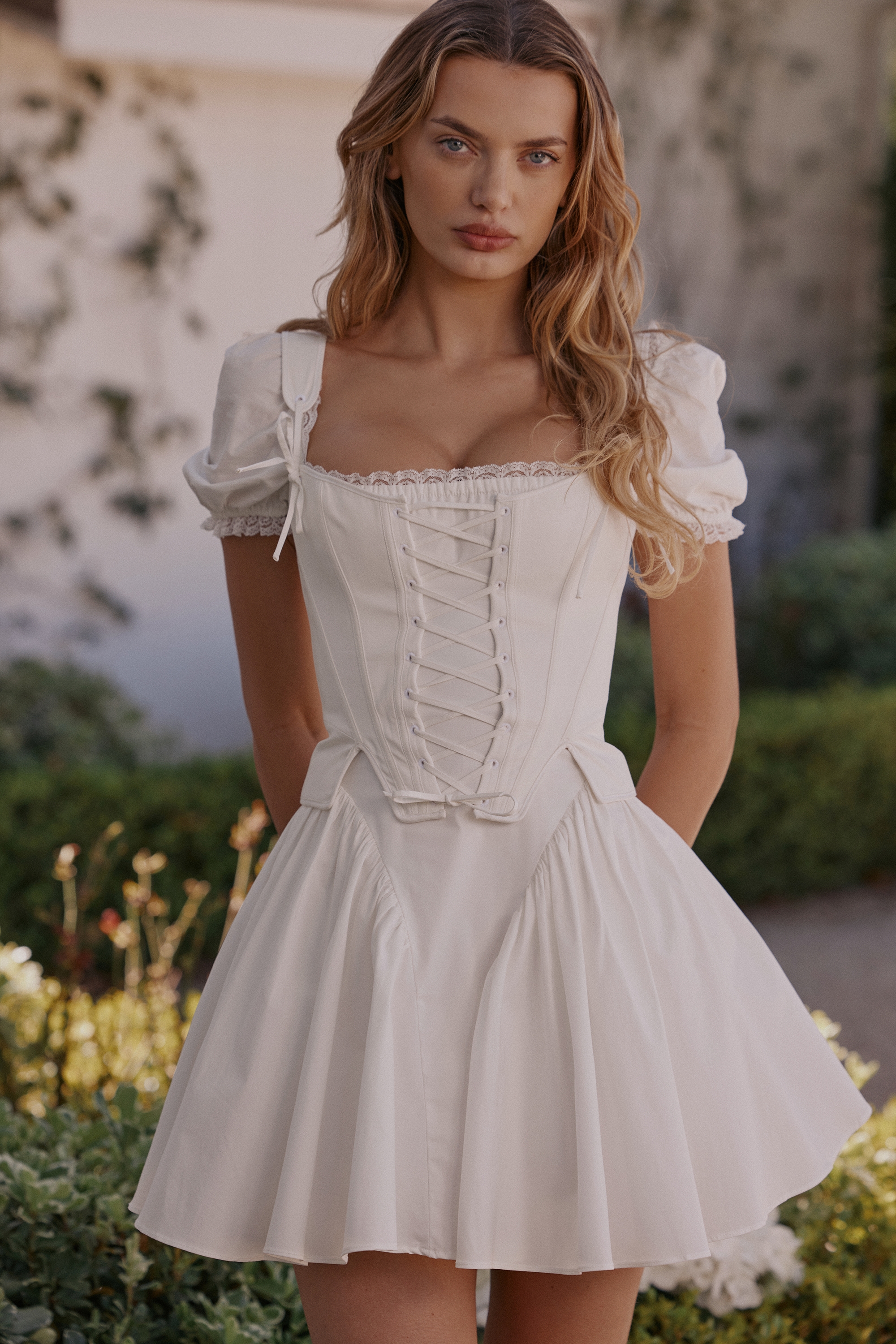 White Cotton Detachable Corset Mini Dress - TREBLEV