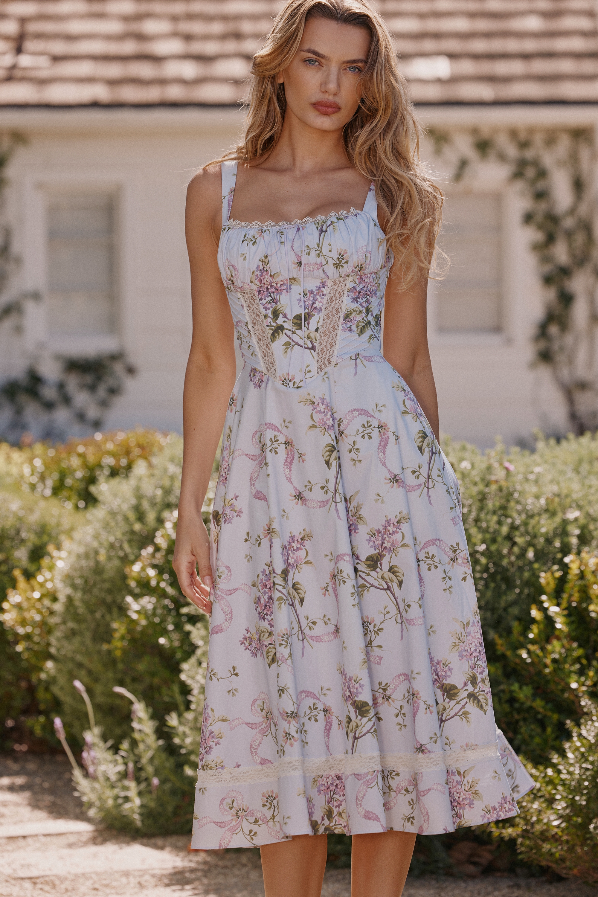 Lilac Floral Cotton Midi Sundress - TREBLEV
