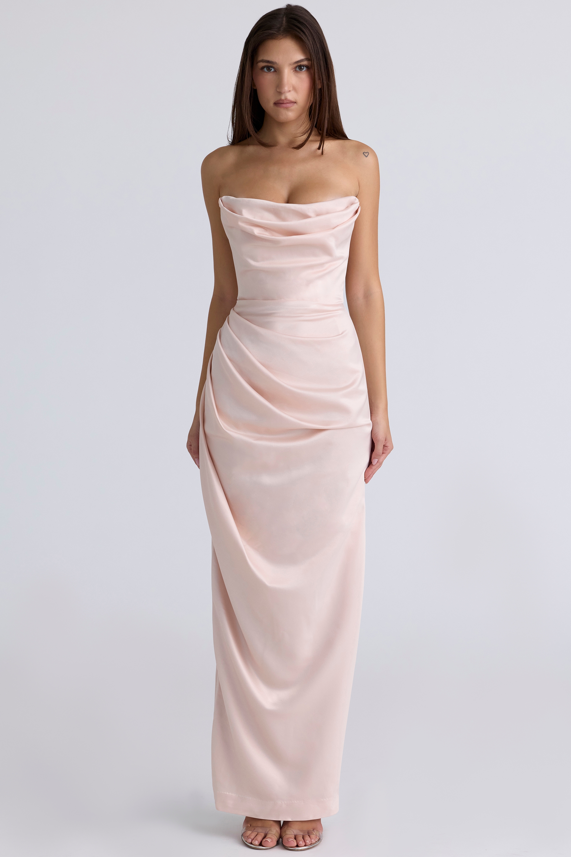 Champagne Satin Strapless Gown - TREBLEV