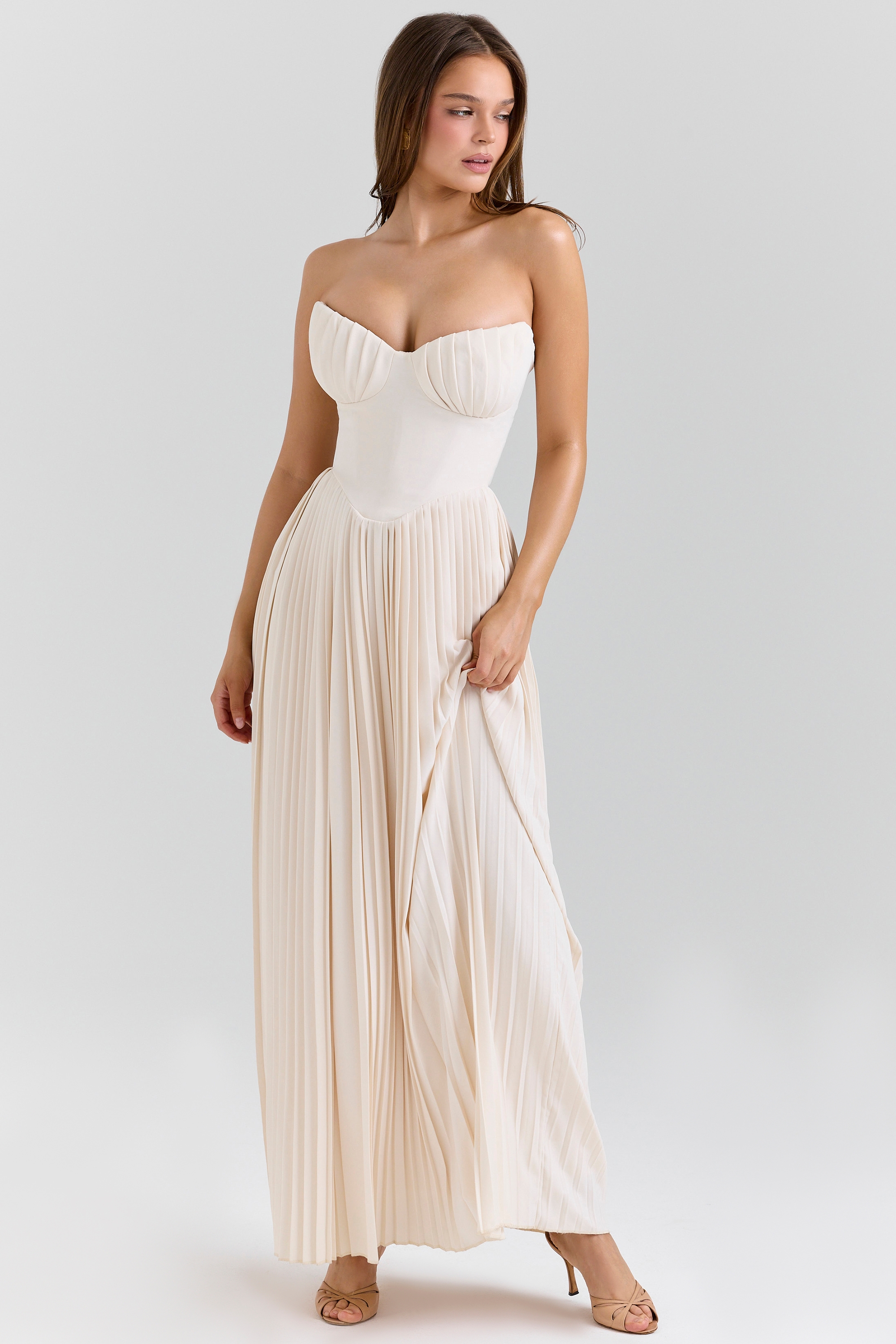 Ivory Georgette Pleated Maxi Dress - TREBLEV