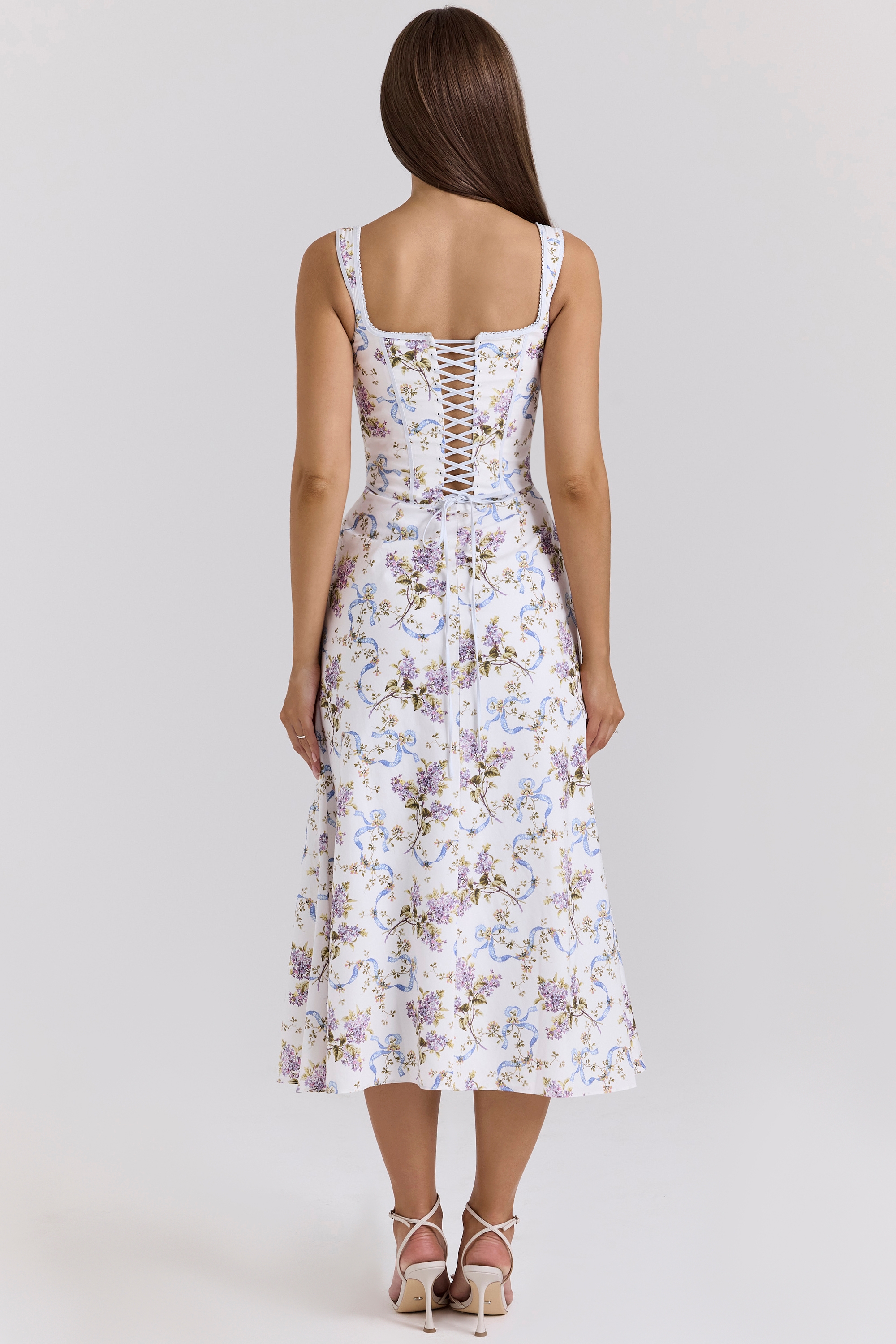Off White Floral Print Cotton Midi Dress - TREBLEV