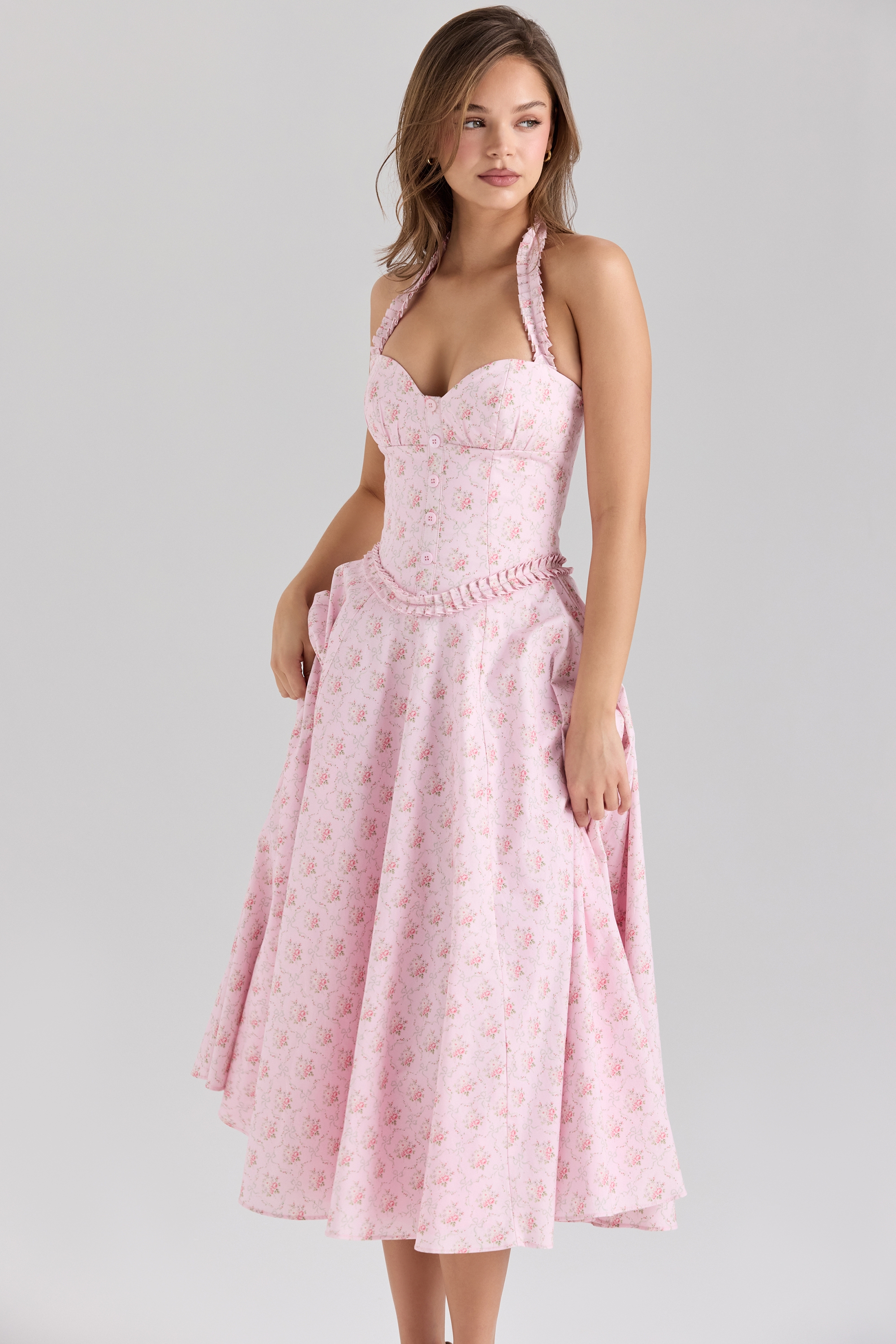 Pink Rose Print Stretch Cotton Halter Neck Midi Dress - TREBLEV