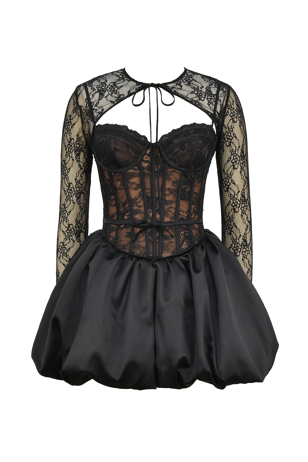 Black Lace Puffball Mini Dress - TREBLEV