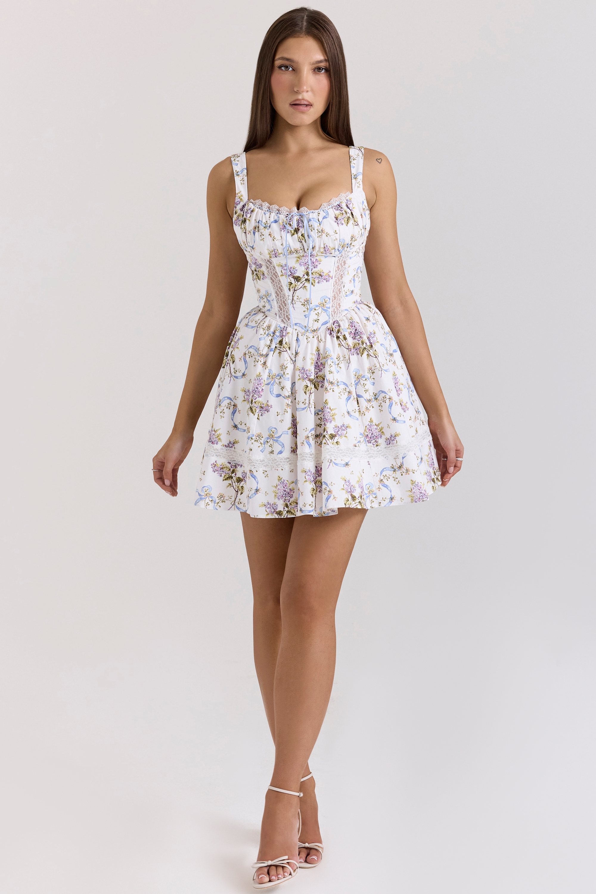 White Floral Ribbon Print Cotton Mini Dress - TREBLEV