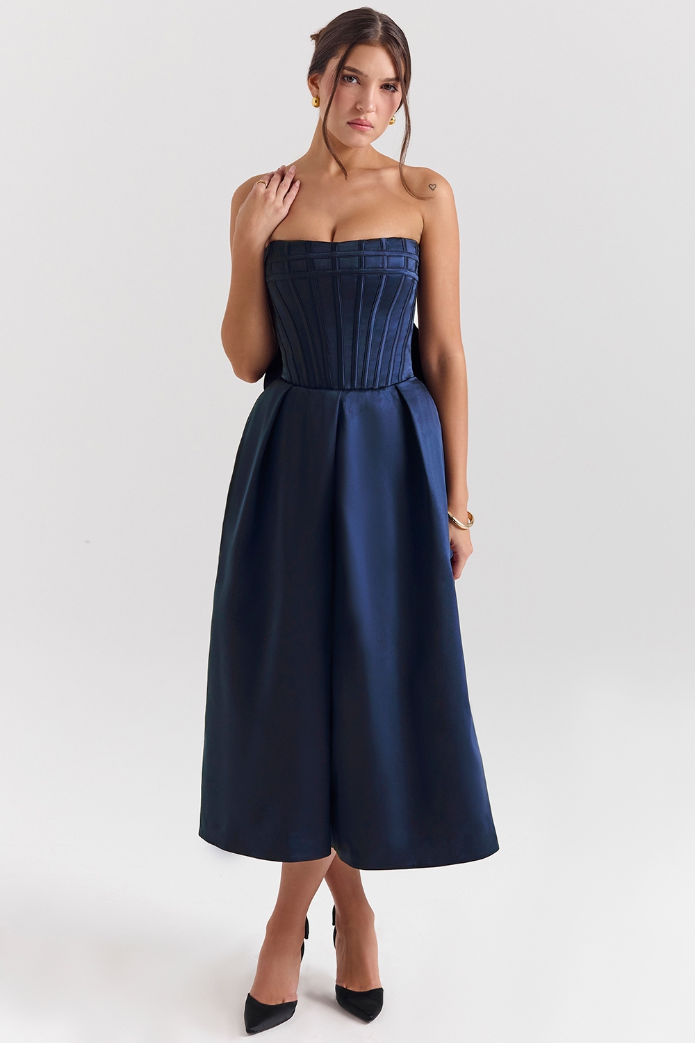 Midnight Blue Strapless Detachable Bow Midi Dress - TREBLEV