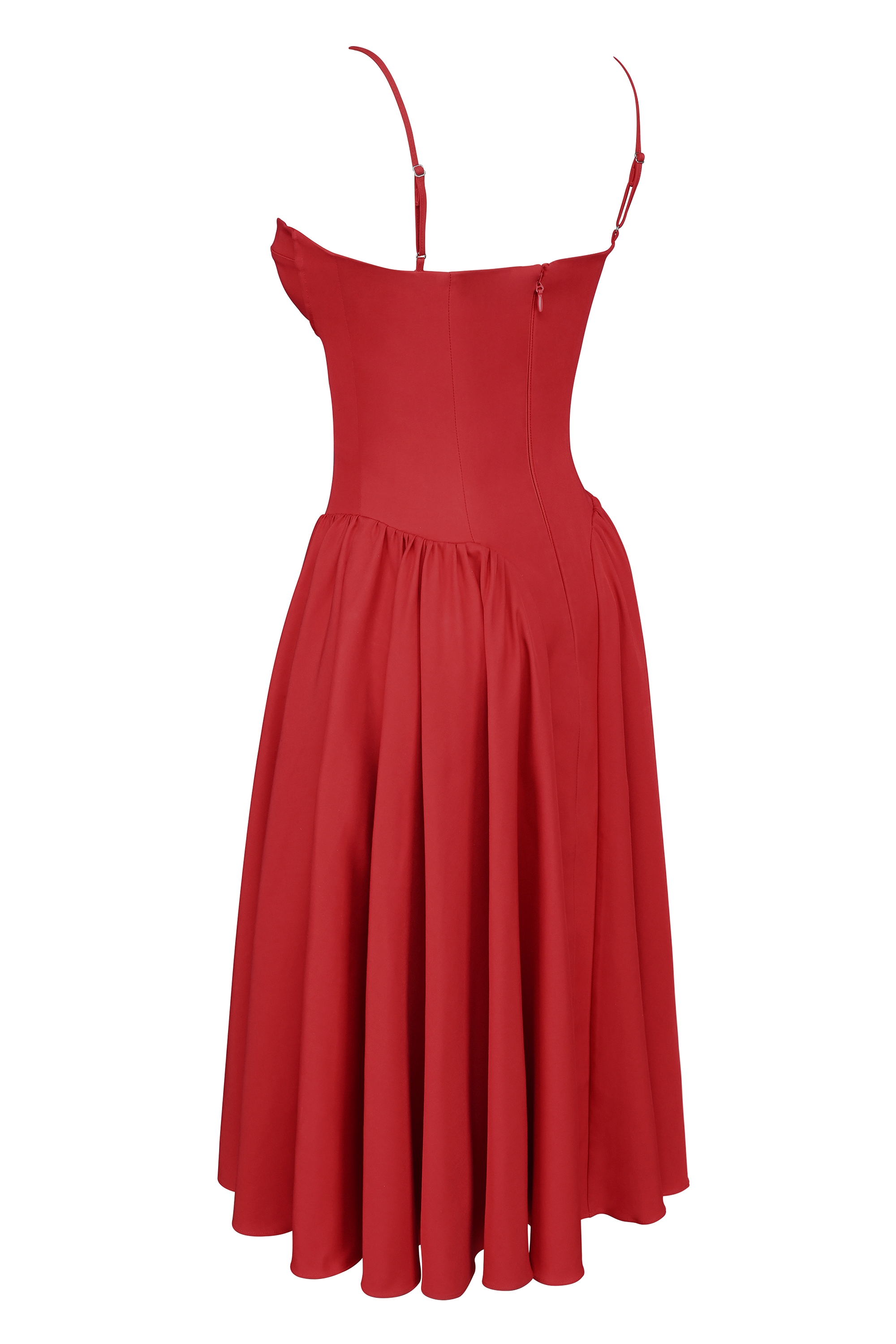Red Gathered Midi Dress - TREBLEV