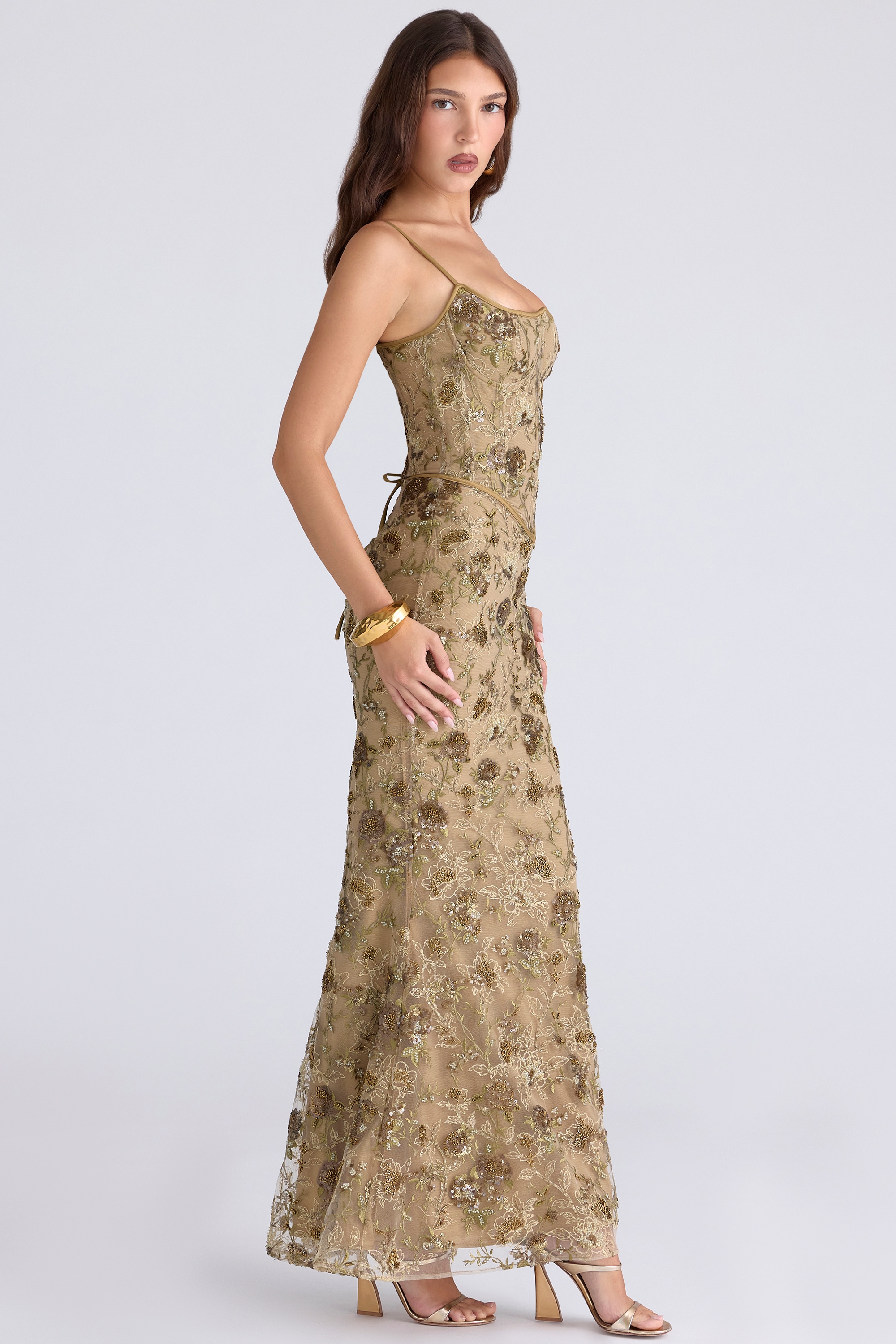 Olive Bronze Hand Beaded Embellished Corset Maxi Dress - Limited Edition - TREBLEV