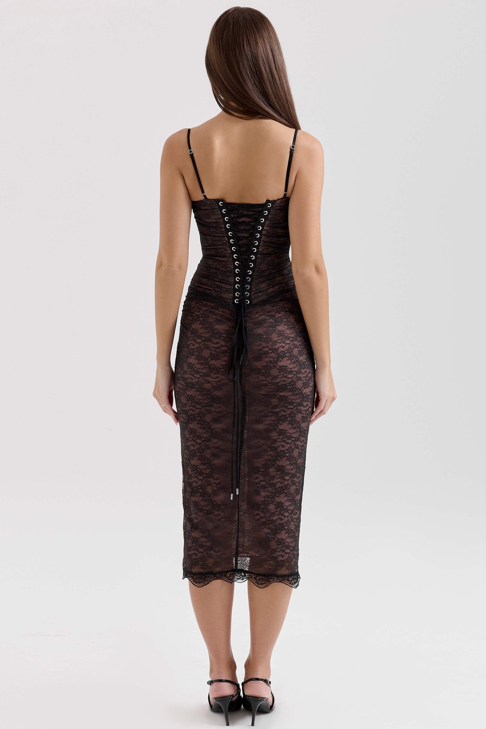 Black Lace Corset Midi Dress - TREBLEV