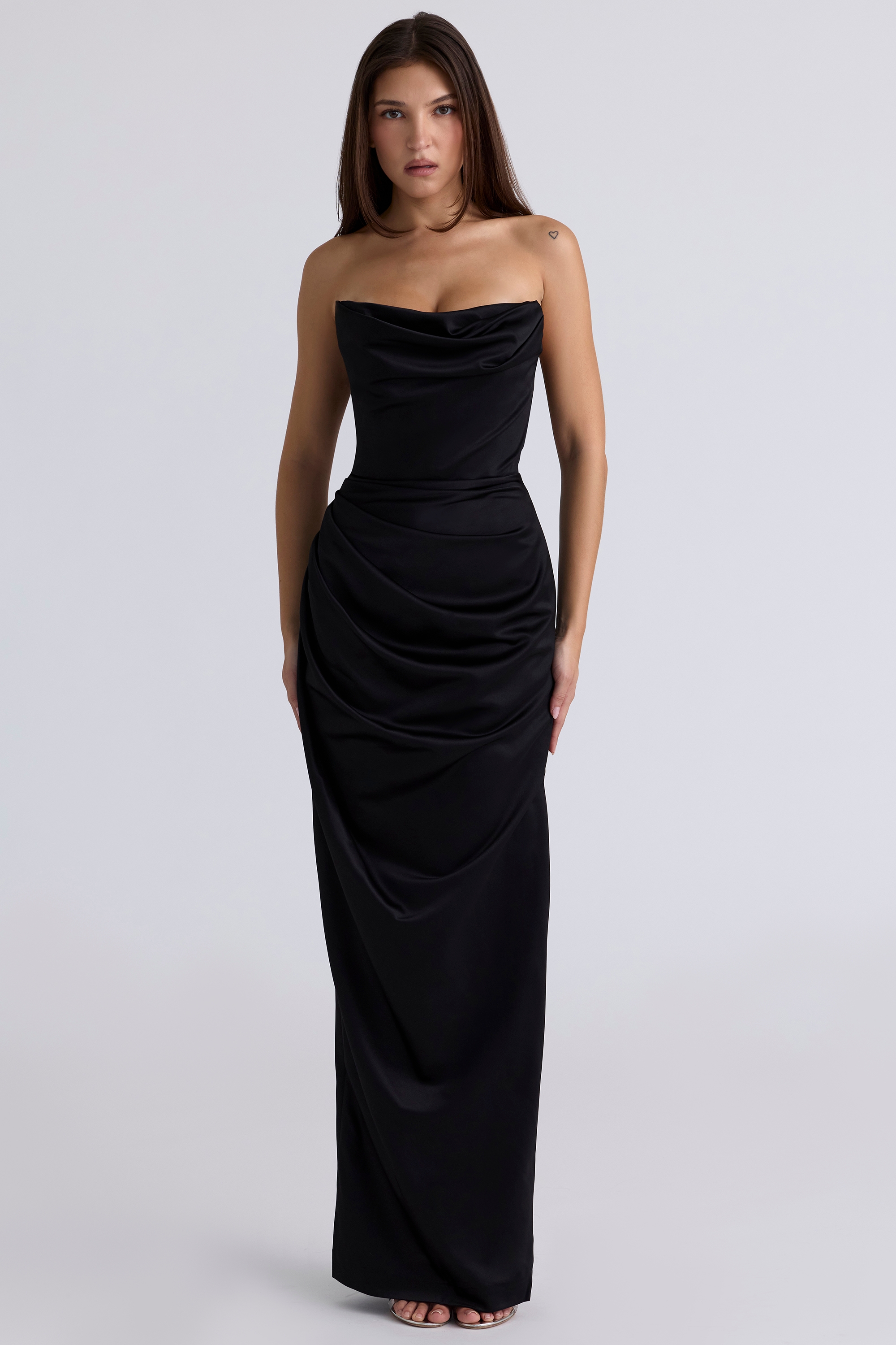 Black Satin Strapless Corset Maxi - TREBLEV