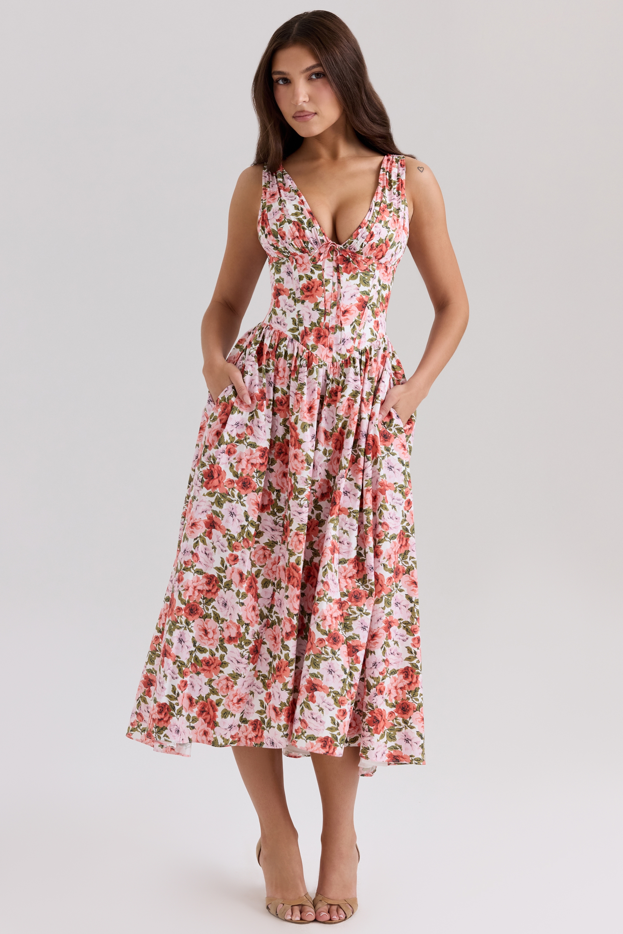 Floral Rose Print Stretch Cotton Corset Sundress - TREBLEV