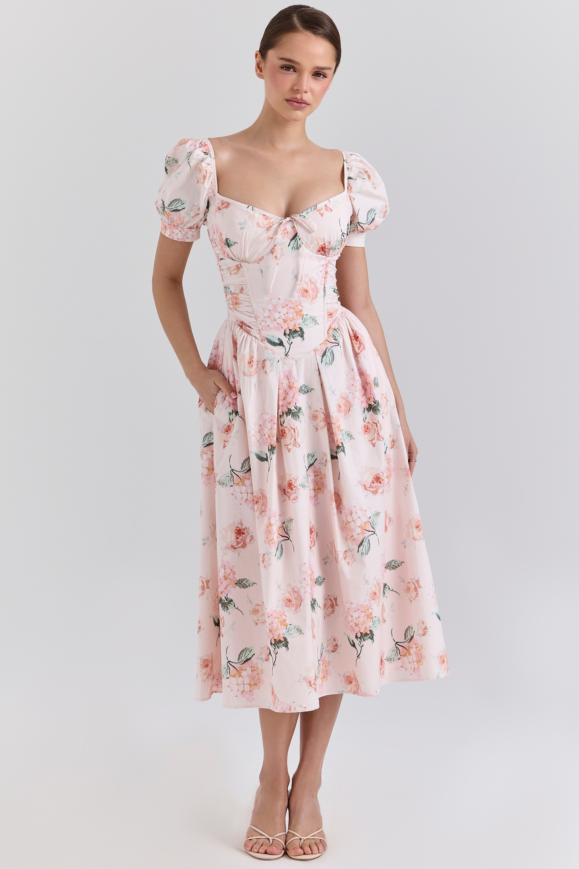 Peach Floral Cotton Puff Sleeve Midi Dress - TREBLEV