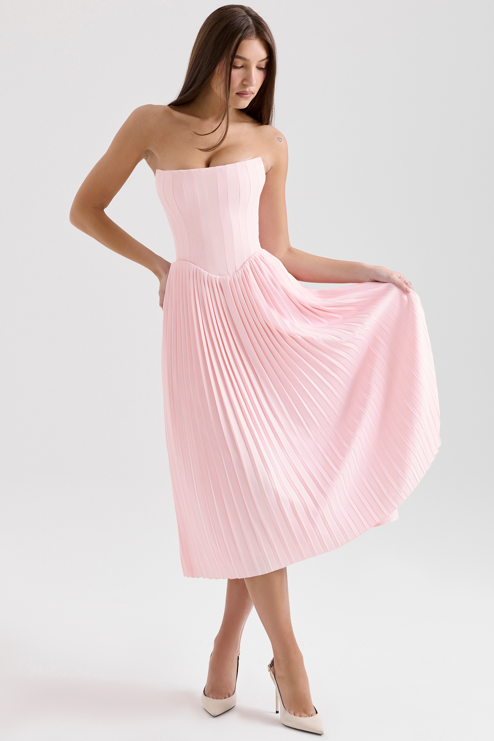 Pink Pleated Midi Corset Dress - TREBLEV