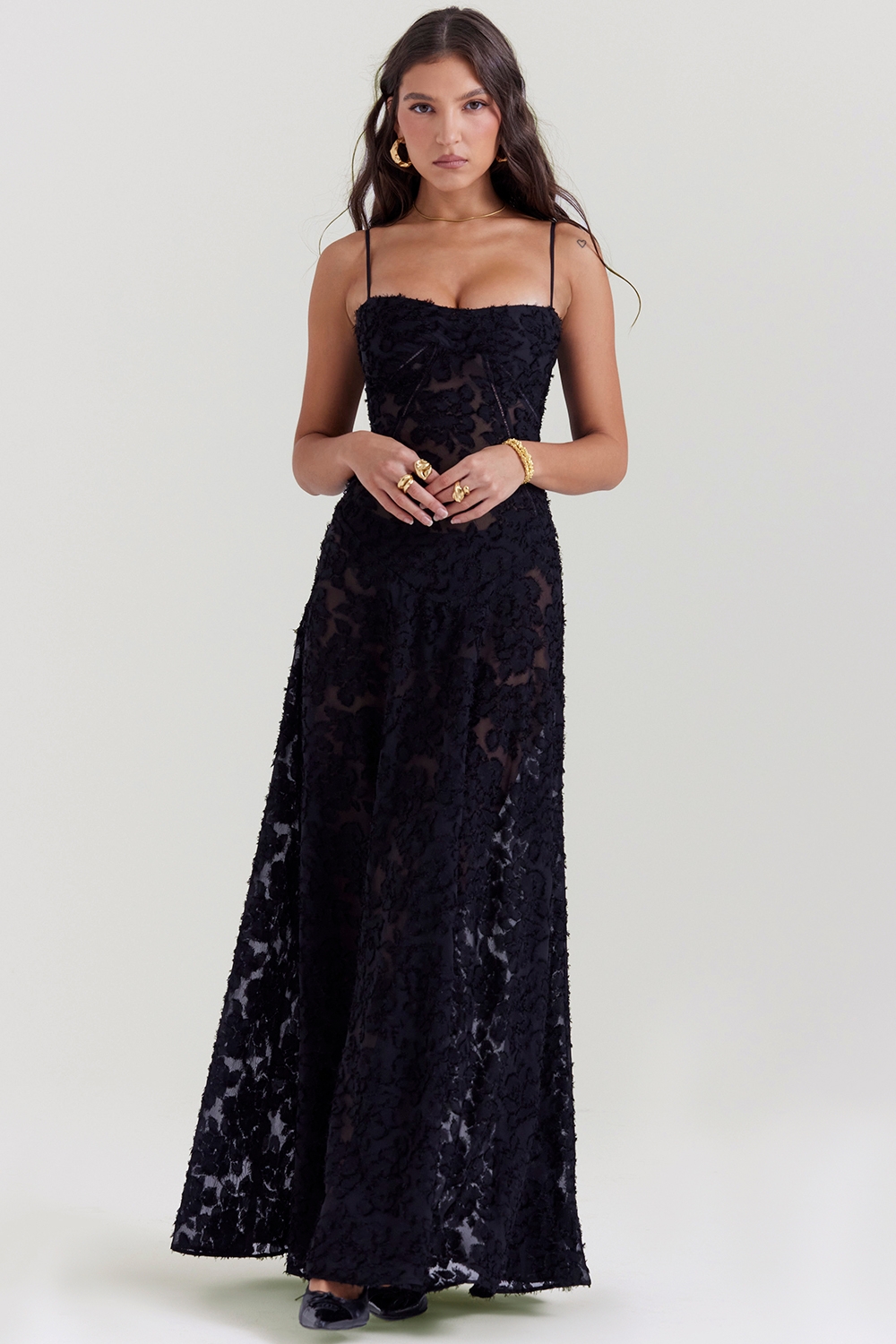 Black Floral Lace Back Maxi Dress - TREBLEV