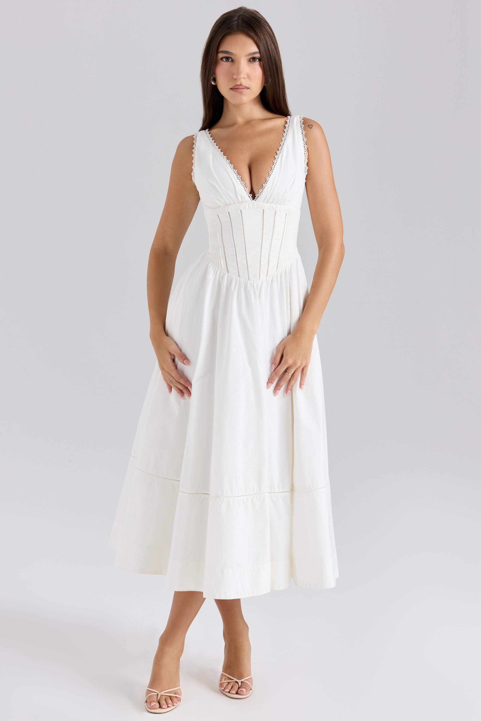 White Stretch Cotton Midi Sundress - TREBLEV