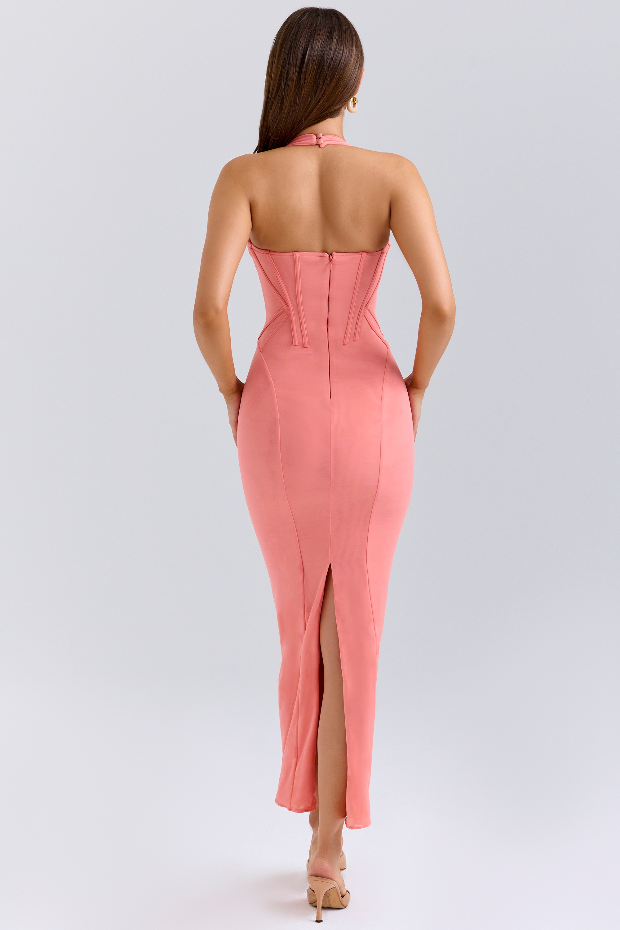 Coral Stretch Mesh Halter Neck Midi Dress - TREBLEV