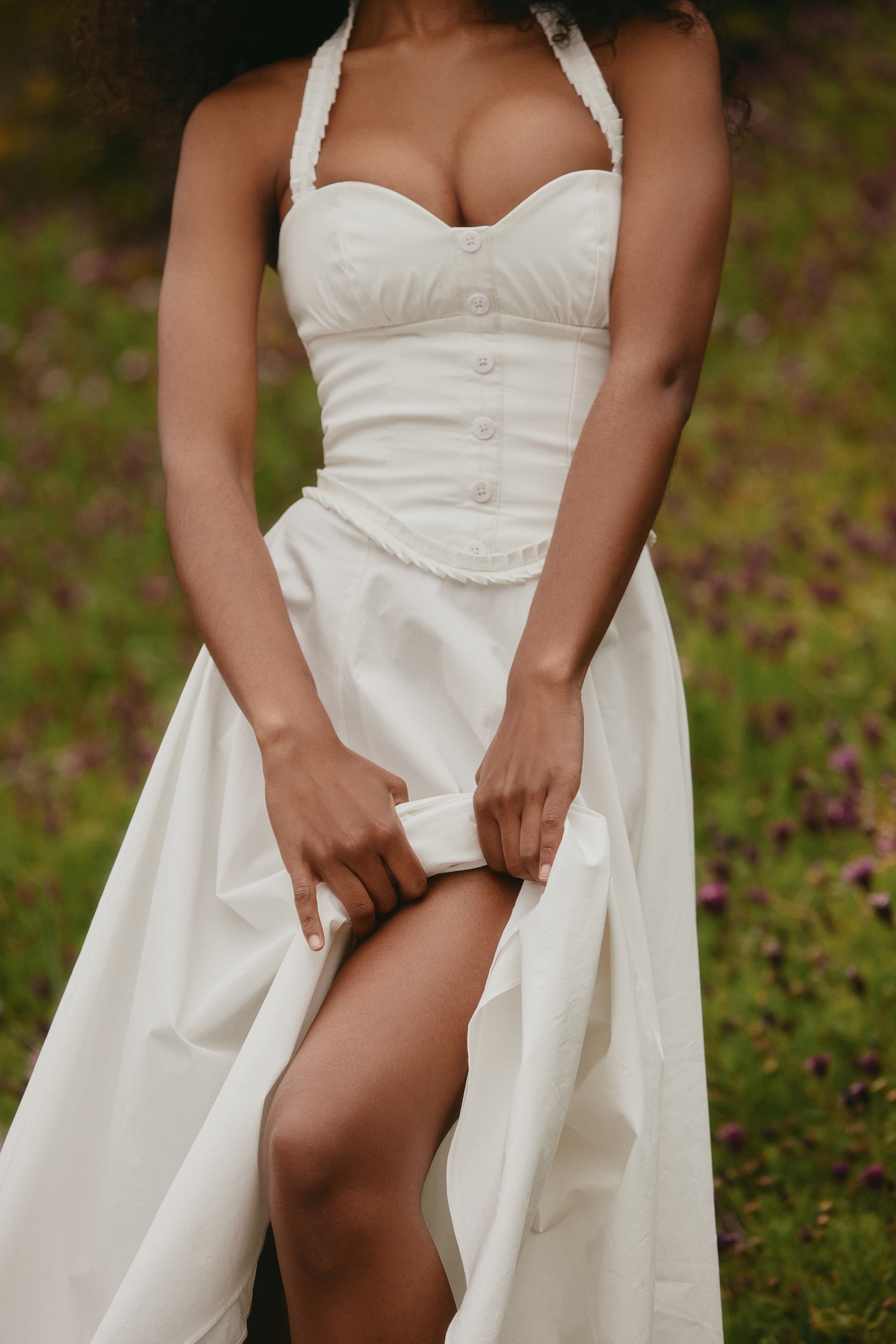 White Stretch Cotton Halter Neck Midi Dress - TREBLEV