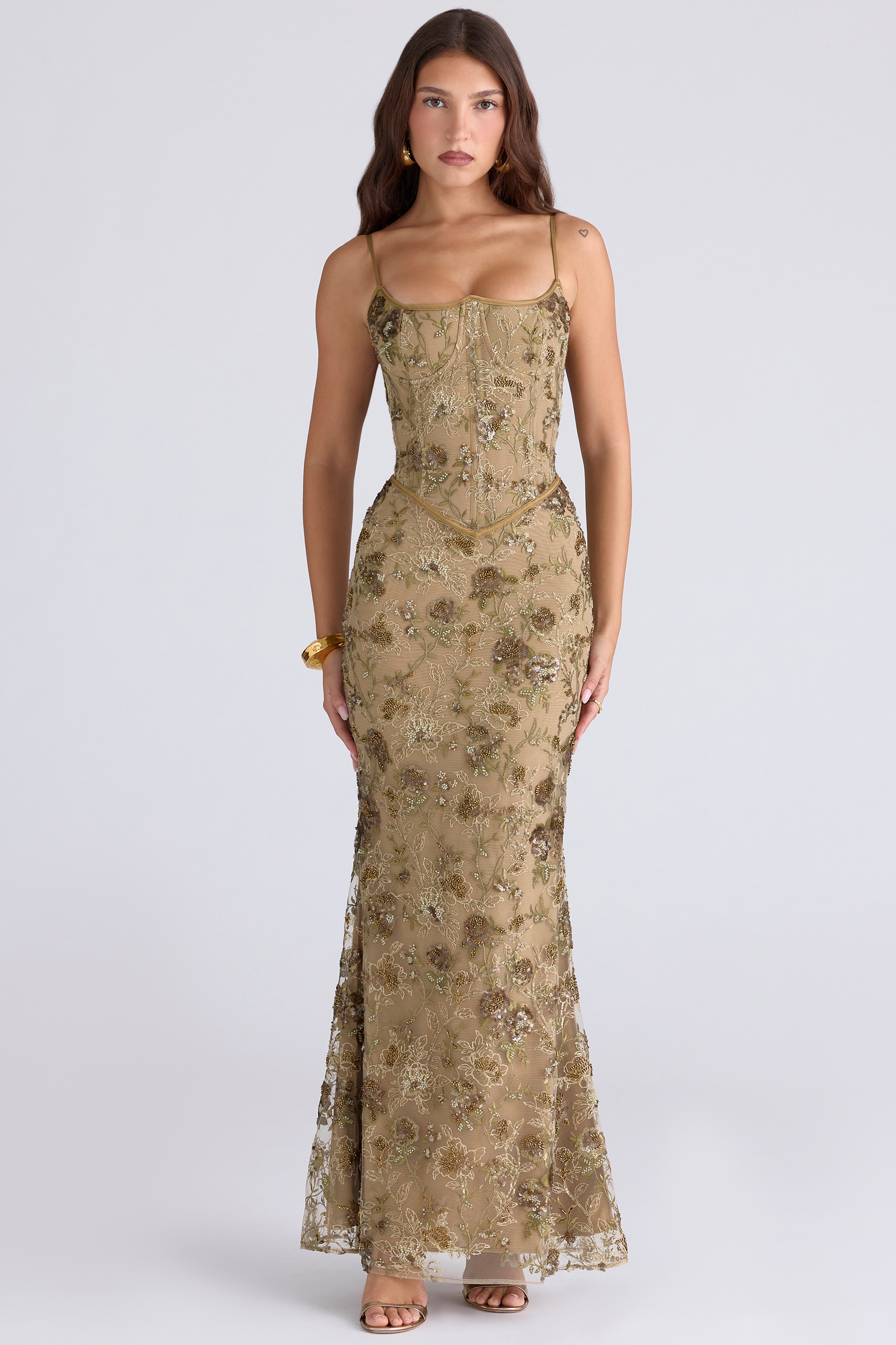 Olive Bronze Hand Beaded Embellished Corset Maxi Dress - Limited Edition - TREBLEV
