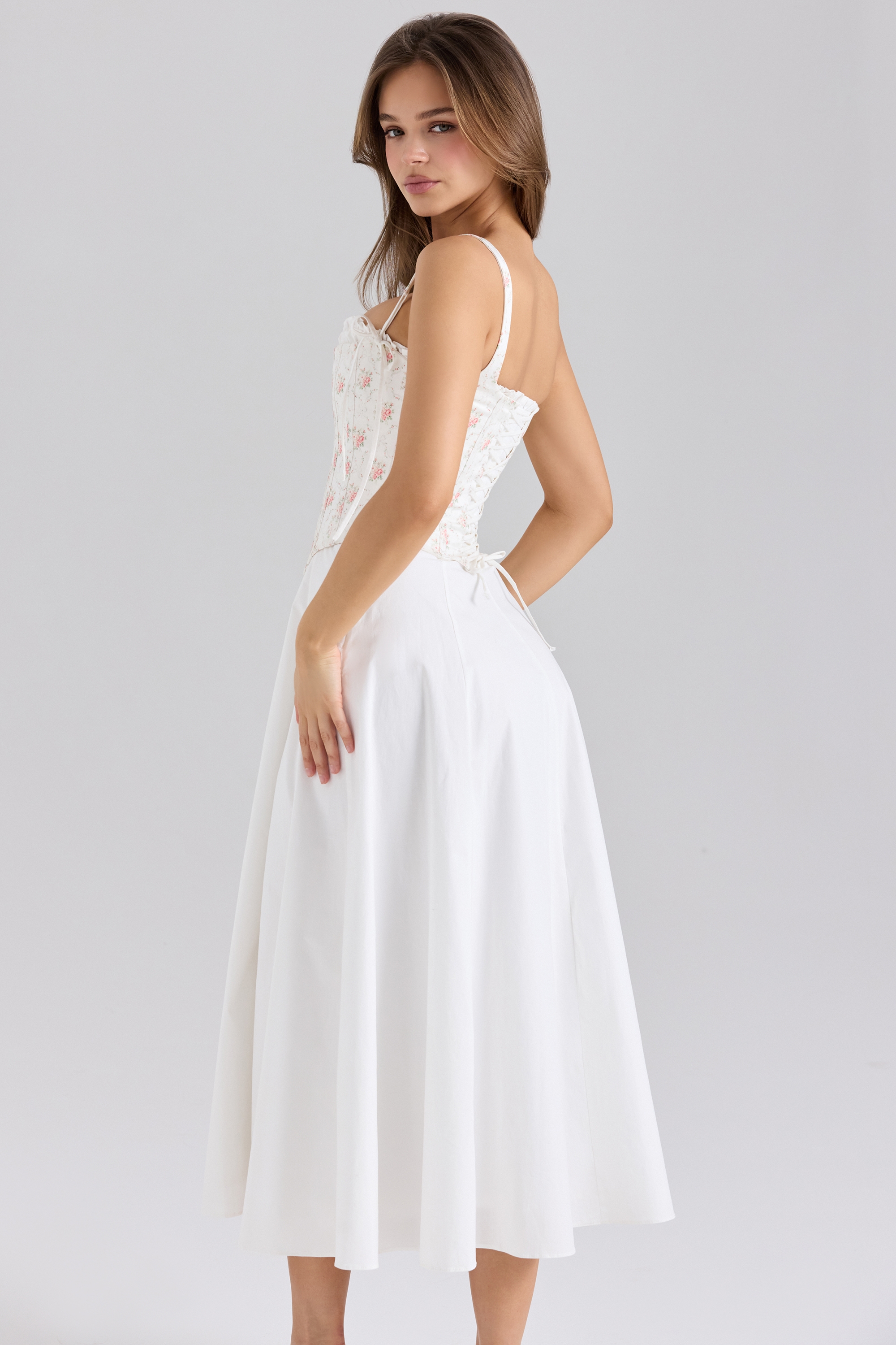 Rose Print Cotton Detachable Corset Midi Sundress - TREBLEV