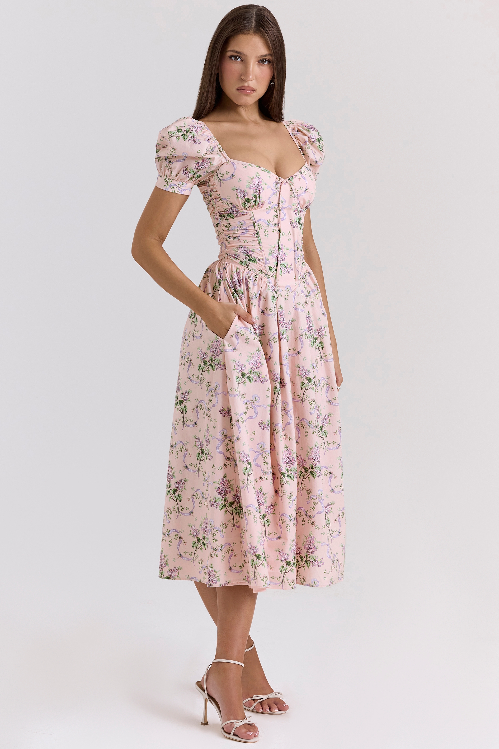 Pink Ribbon Print Cotton Midi Dress - TREBLEV