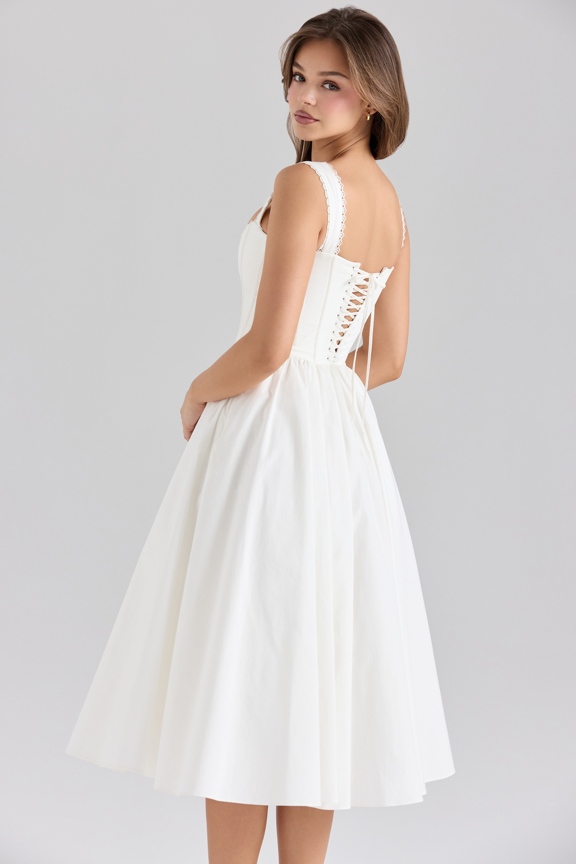White Stretch Cotton Corset Midi Dress - TREBLEV