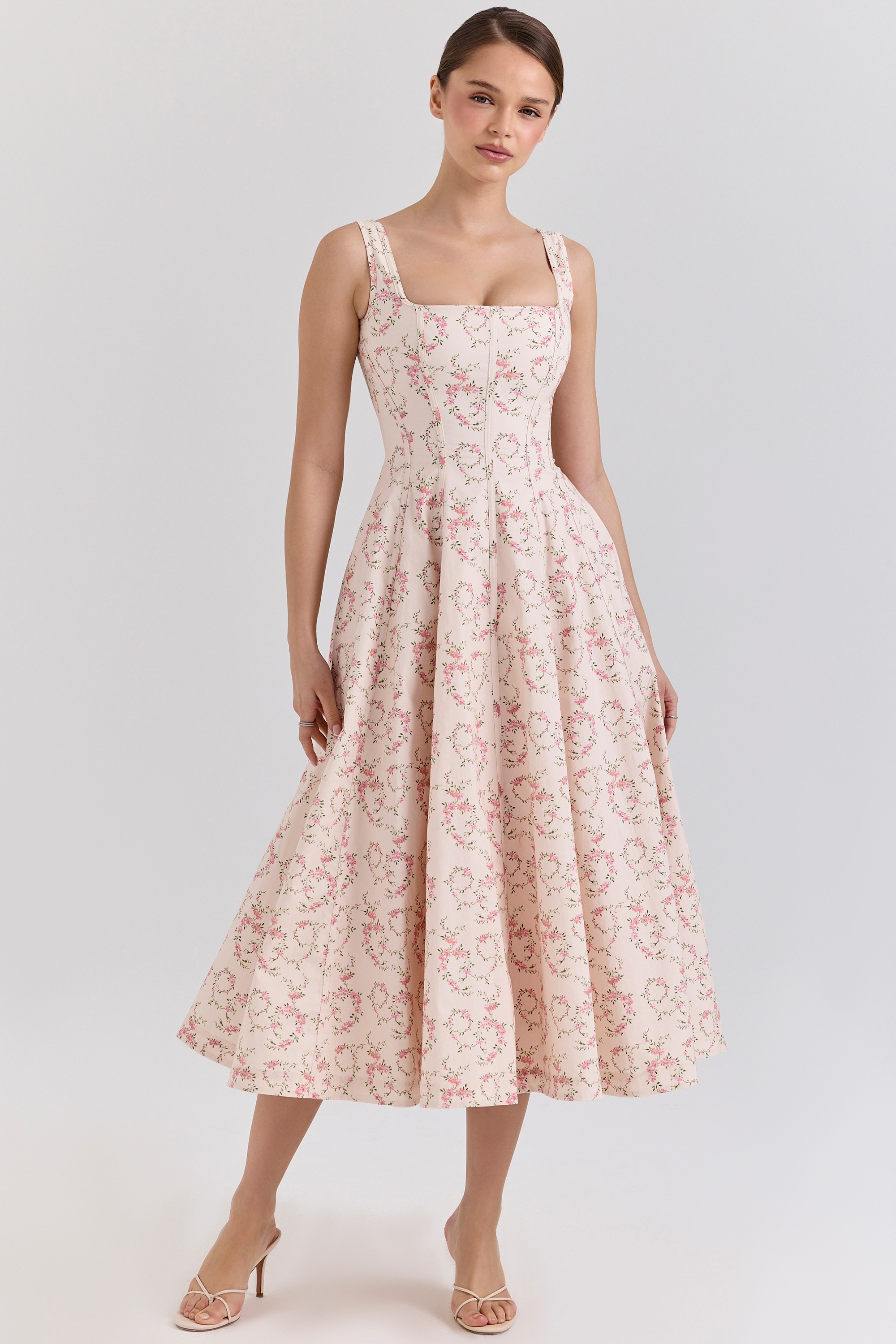 Cream Floral Print Cotton Midi Sun Dress - TREBLEV