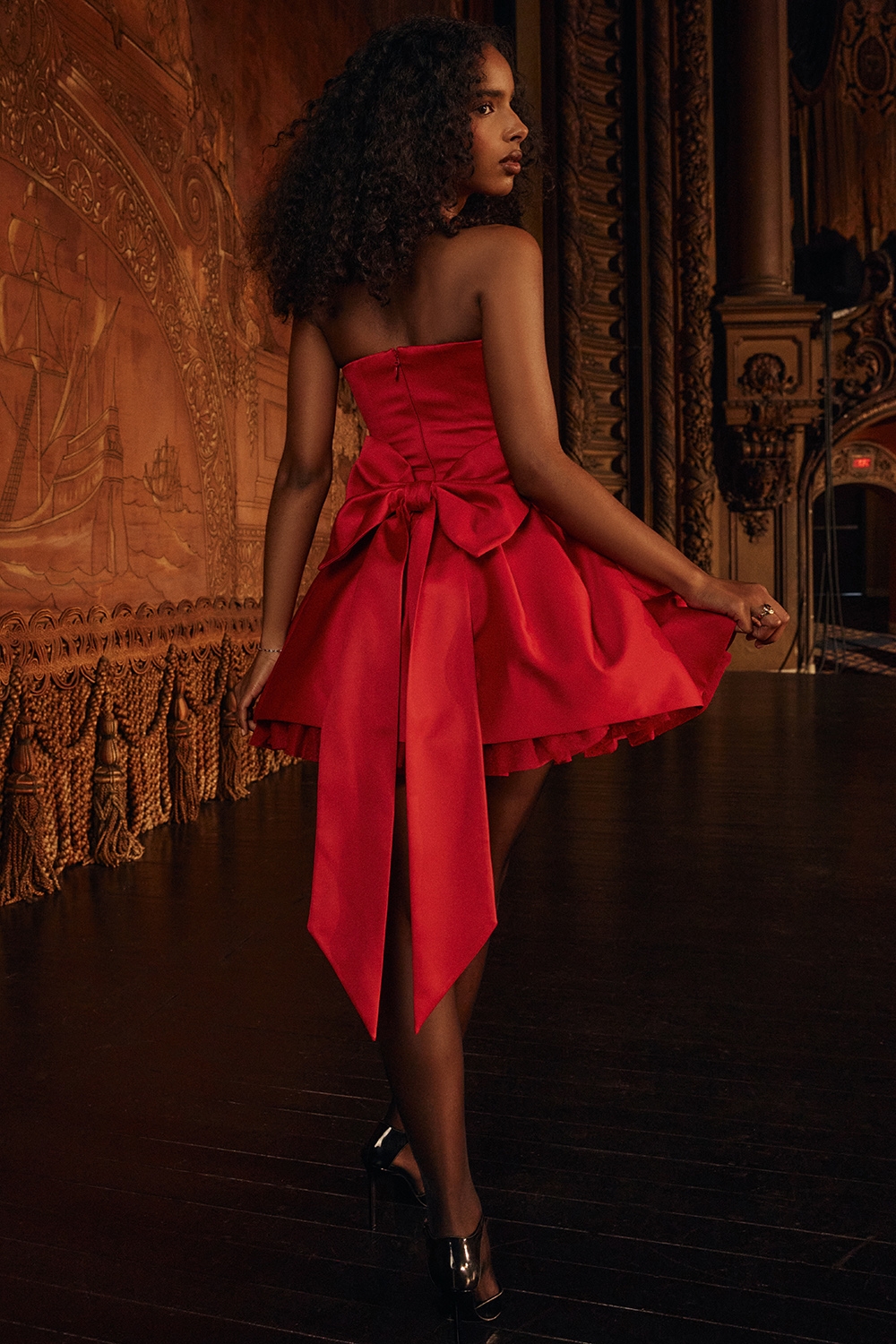 Holly Red Satin Detachable Bow Mini Dress - TREBLEV