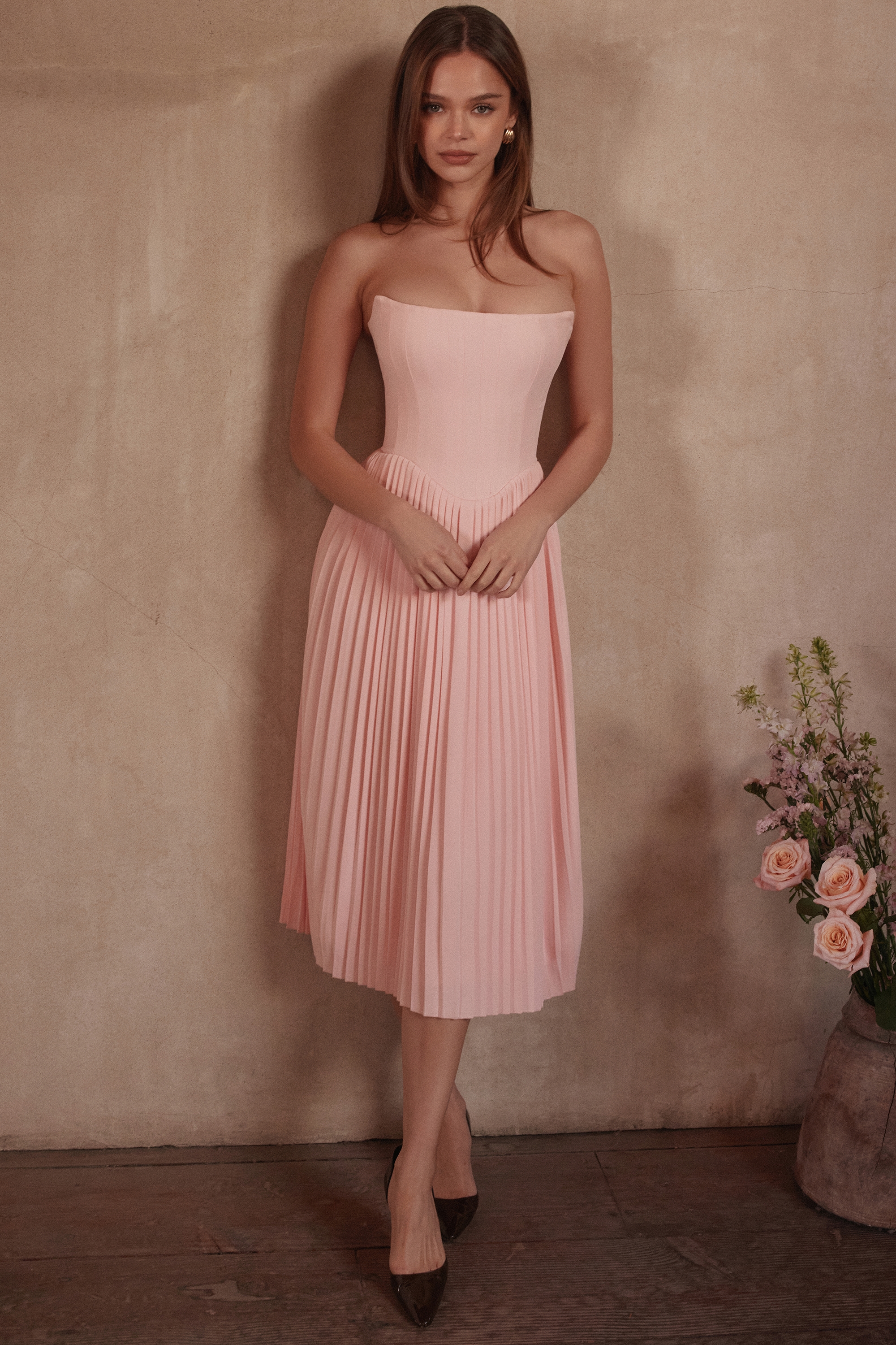Pink Pleated Midi Corset Dress - TREBLEV