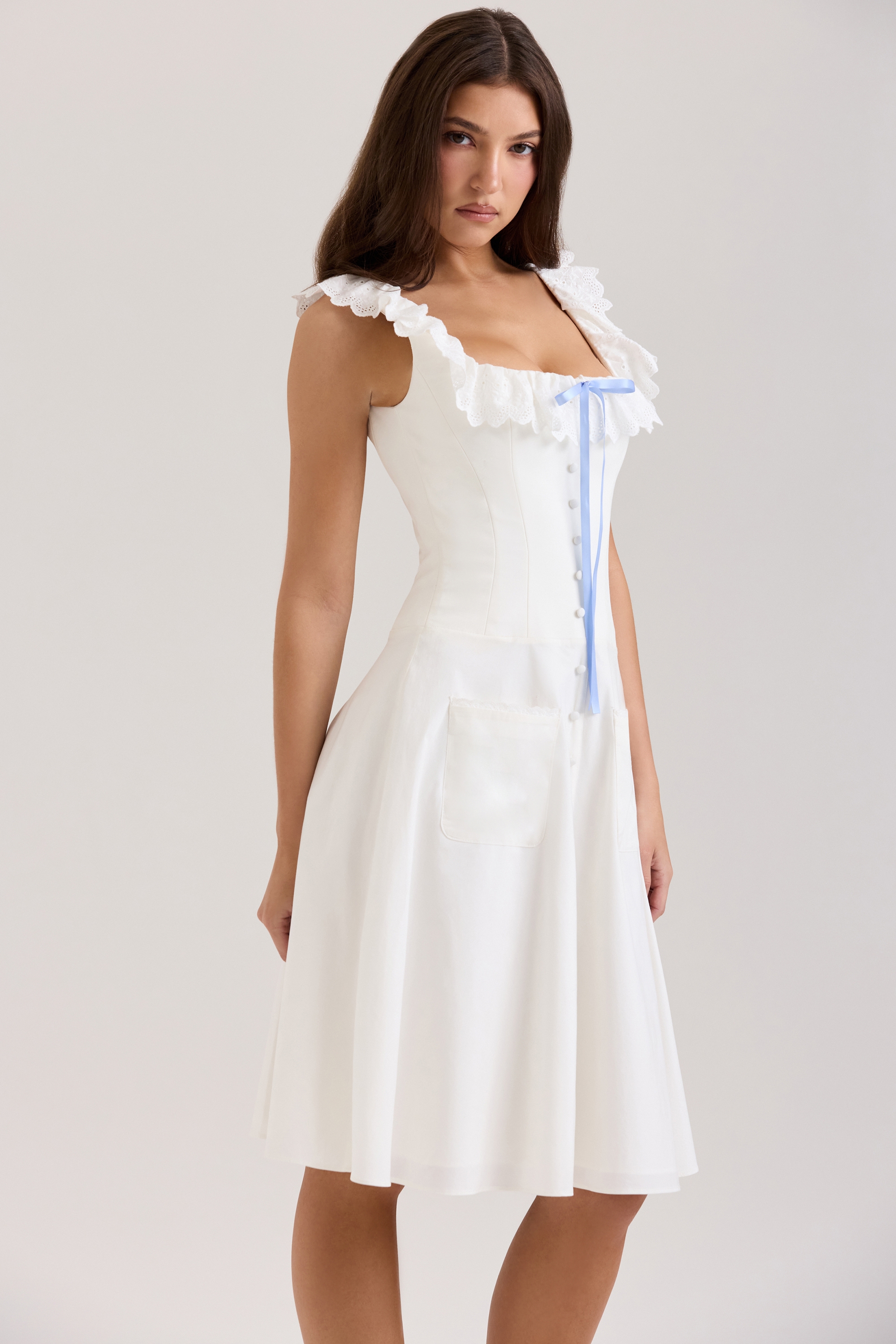 White Cotton Broderie Anglaise Trim Midi Dress - TREBLEV