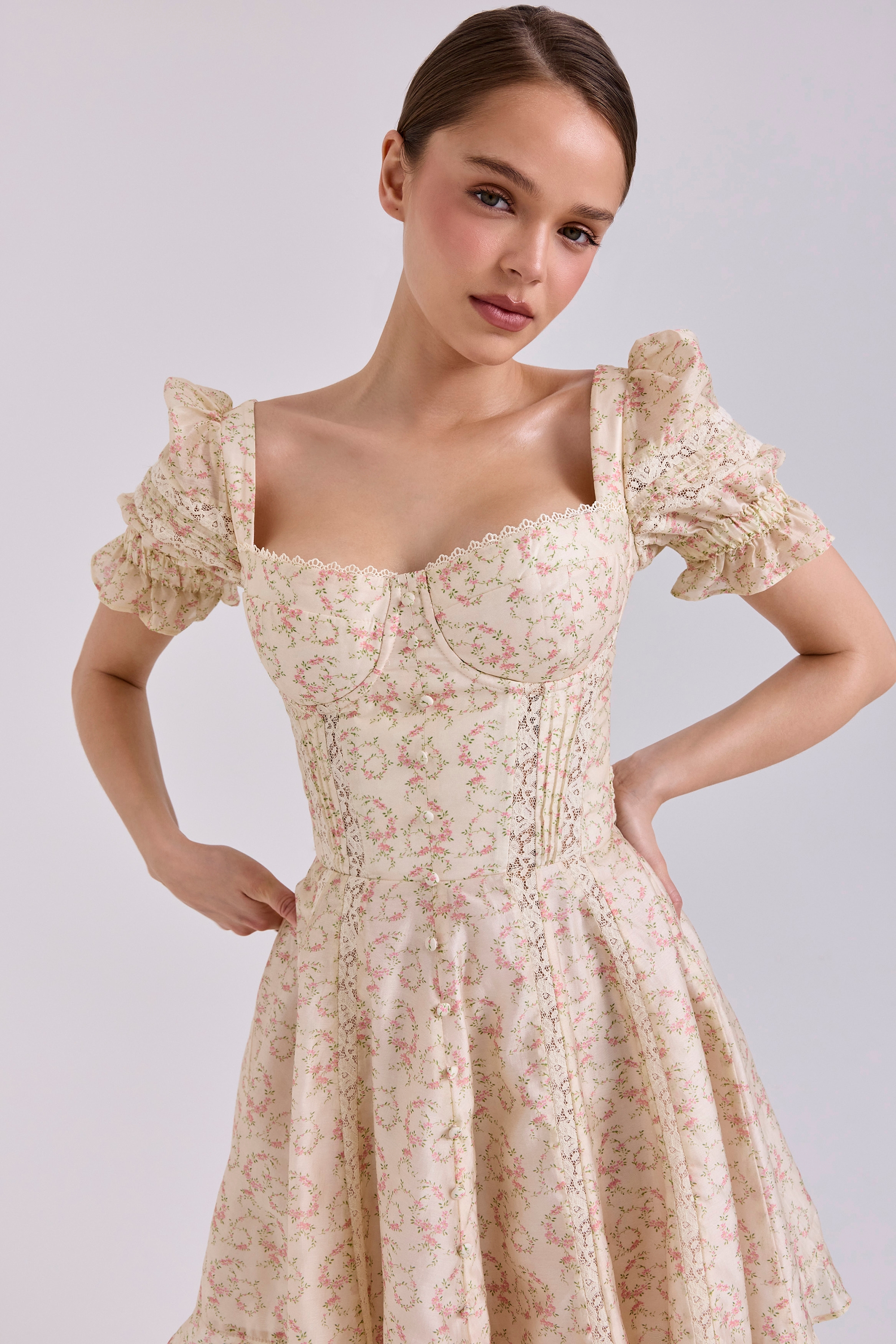 Cream Floral Print Chiffon Puff Sleeve Mini Dress - TREBLEV