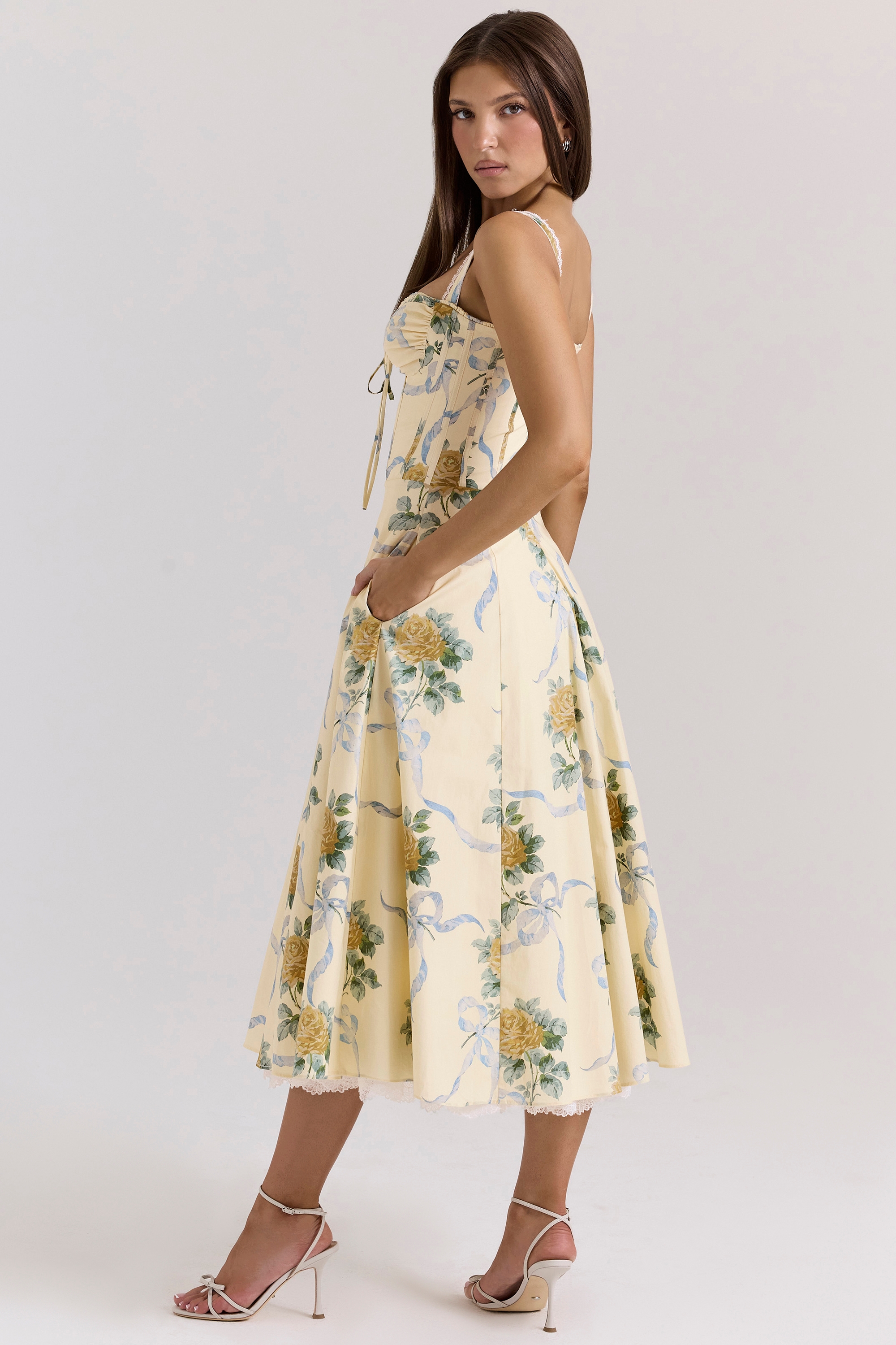 Lemon Vintage Ribbon Print Cotton Midi Dress - TREBLEV