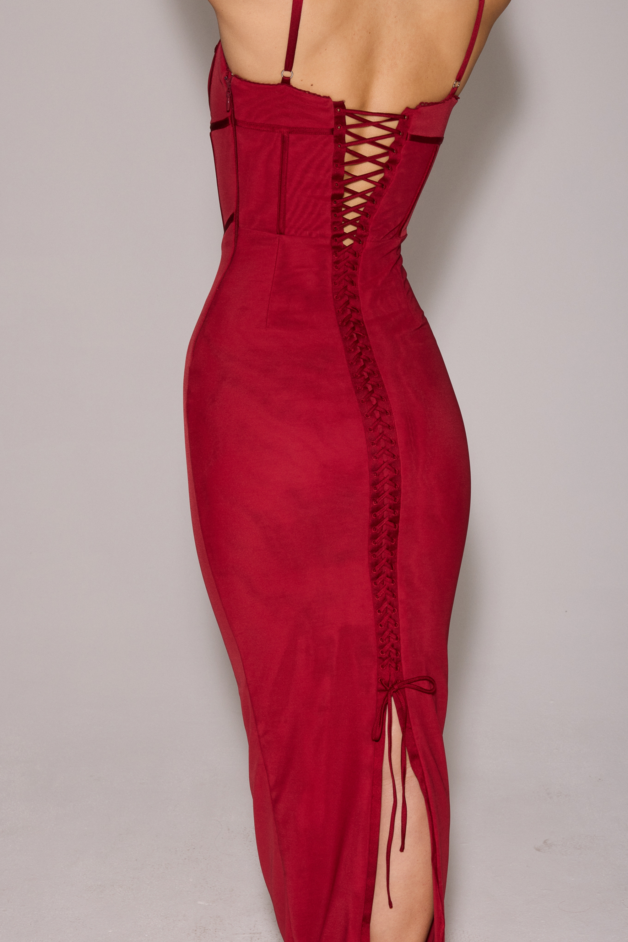 Wine Mesh Bodycon Maxi Dress - TREBLEV