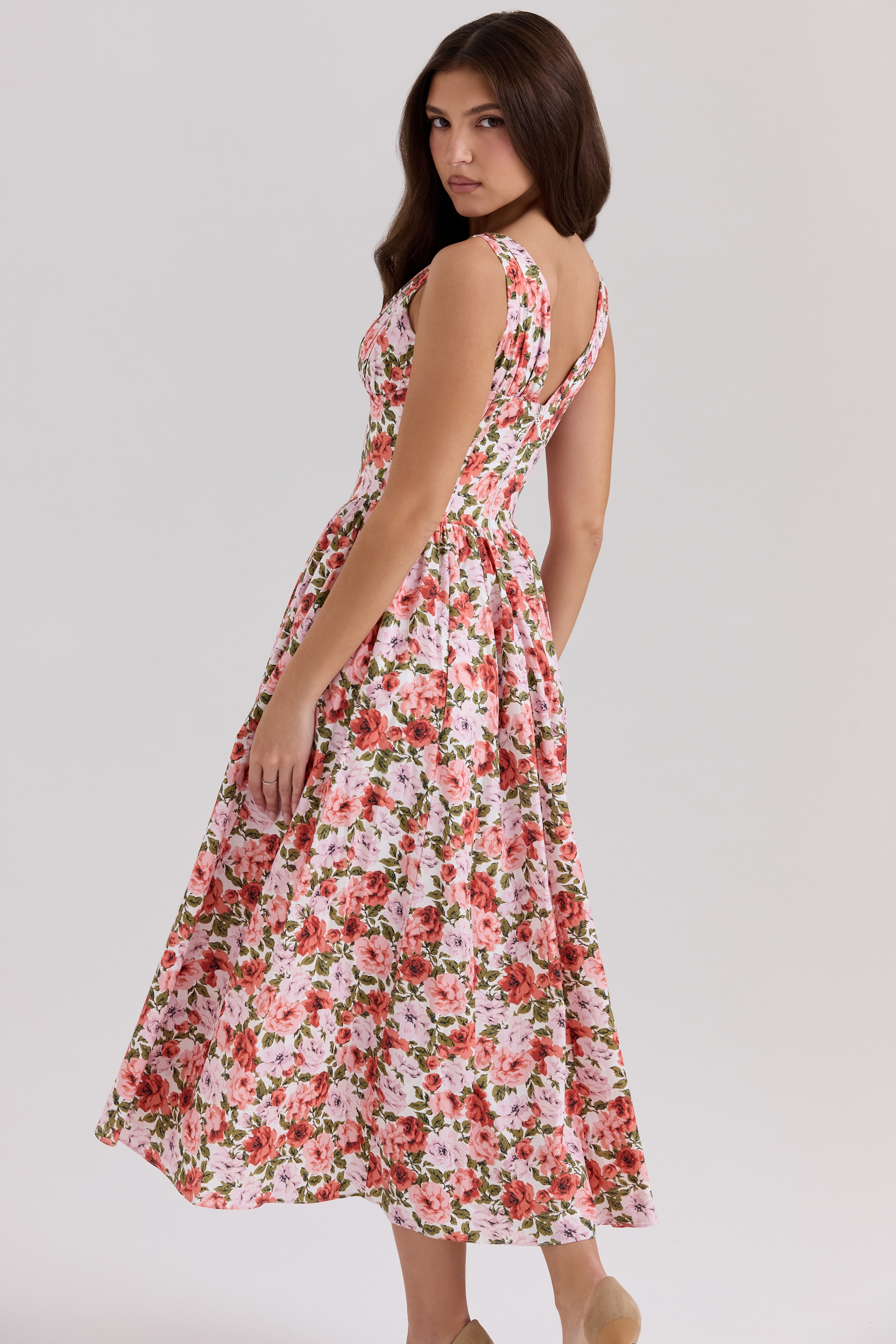 Floral Rose Print Stretch Cotton Corset Sundress - TREBLEV