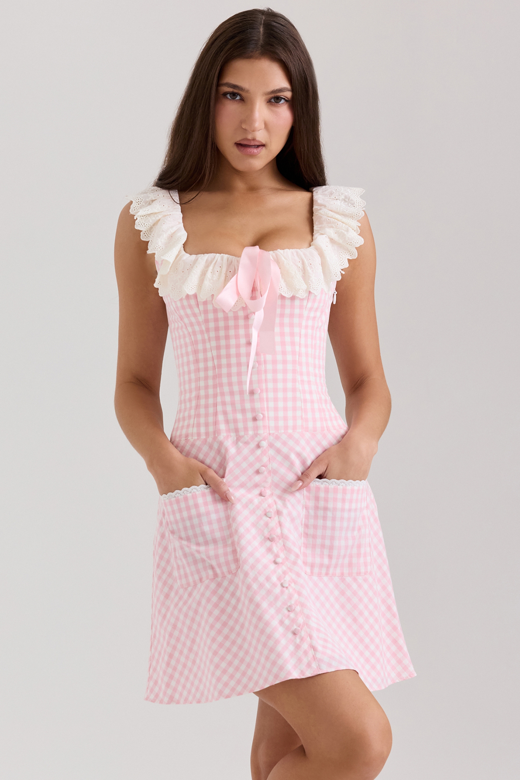Pink Gingham Cotton Ruffle Neck Mini Dress - TREBLEV