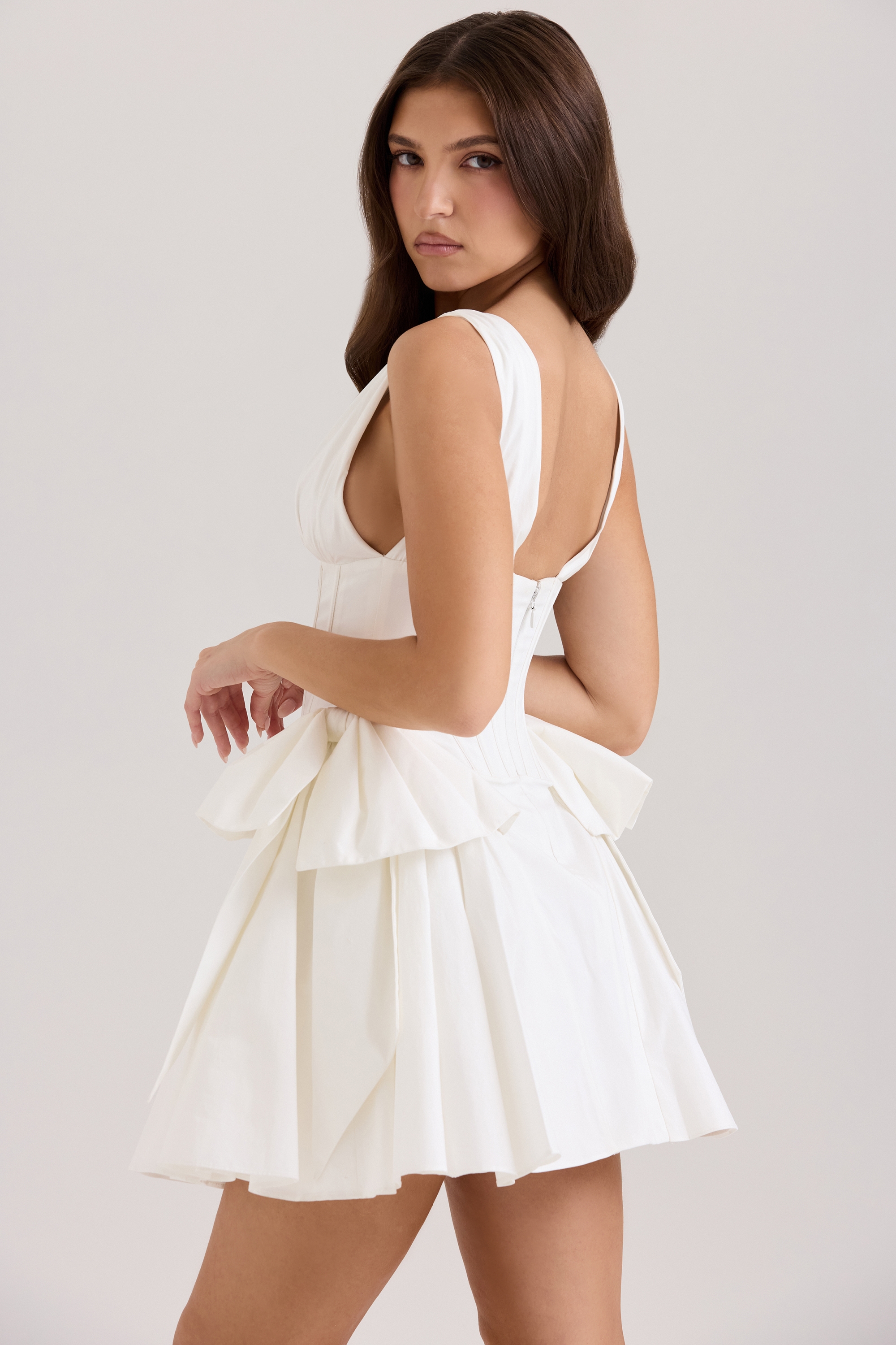 White Stretch Cotton Bow Mini Dress - TREBLEV