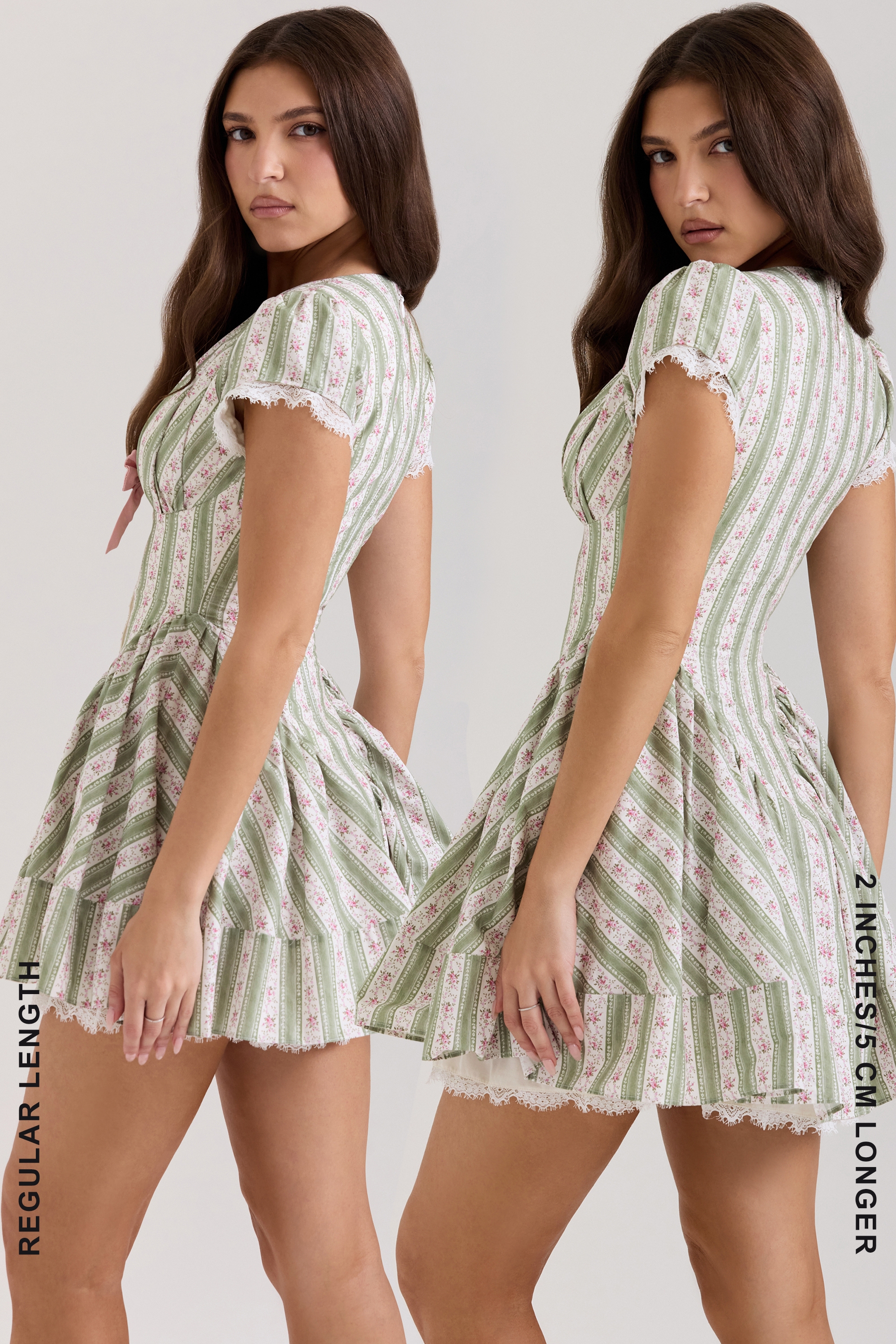 Green Stripe Floral Print Stretch Cotton Mini Dress - TREBLEV