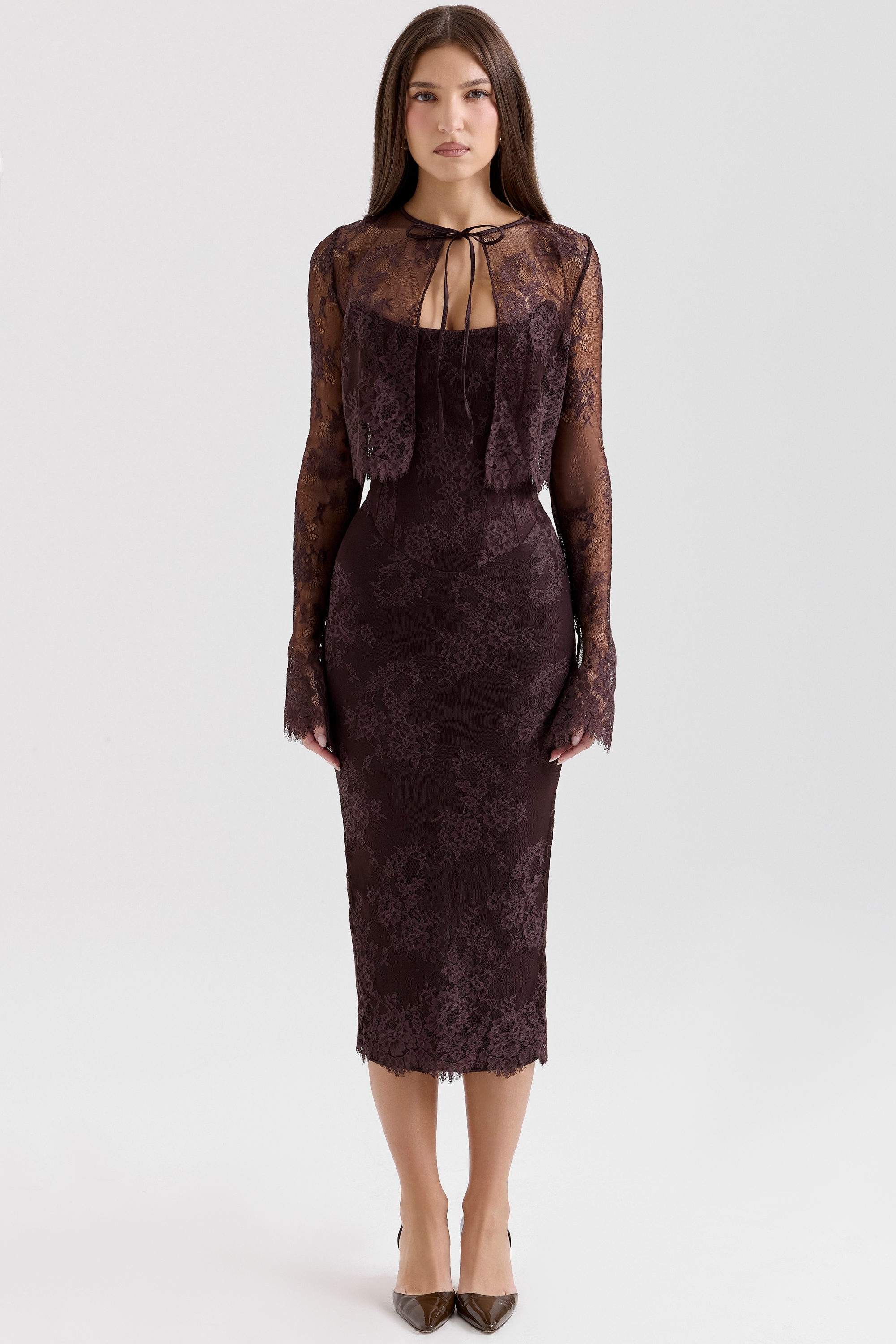 Bitter Chocolate Lace Corset Midi Dress & Bolero - TREBLEV