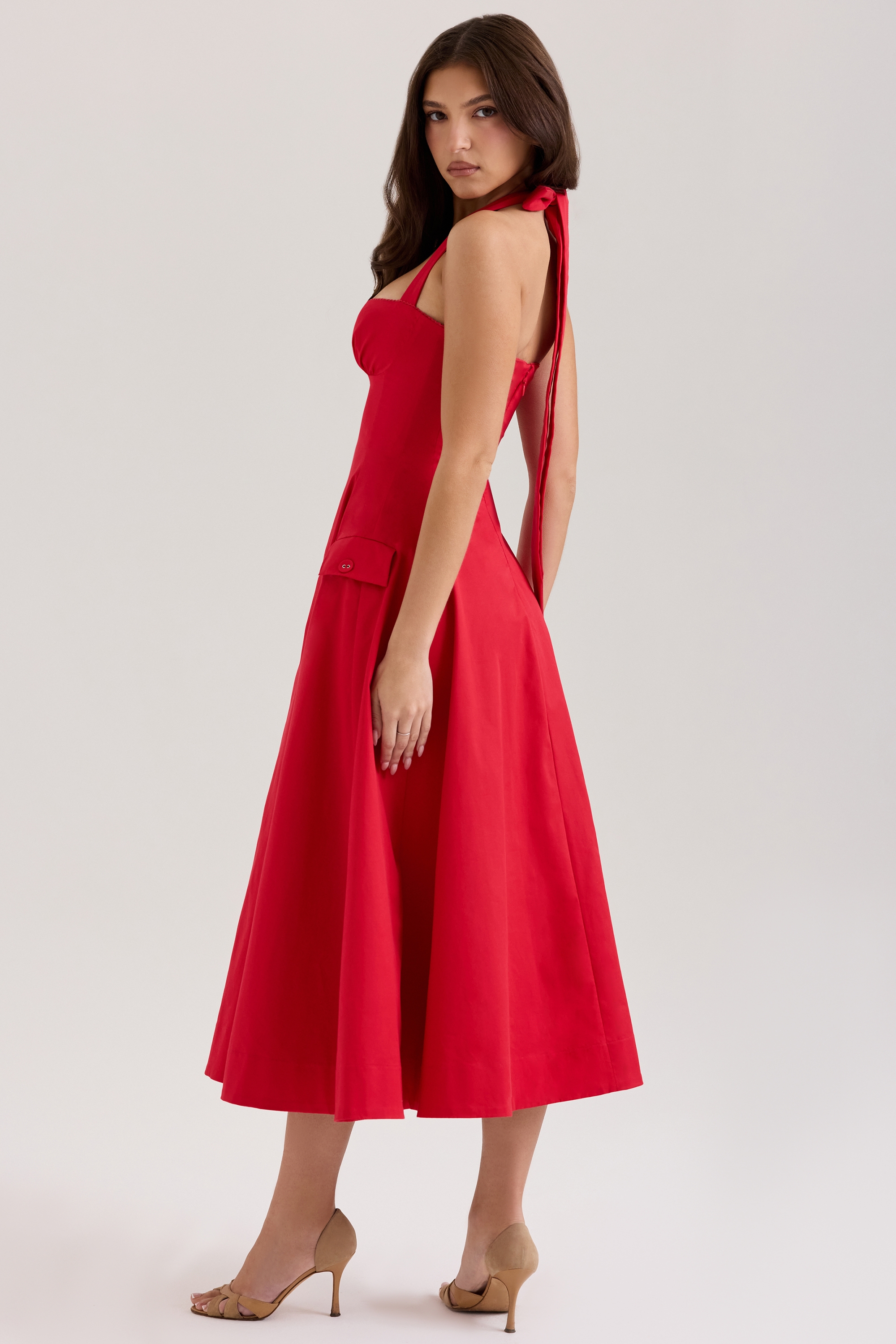 Red Stretch Cotton Button Halter Neck Midi Dress - TREBLEV