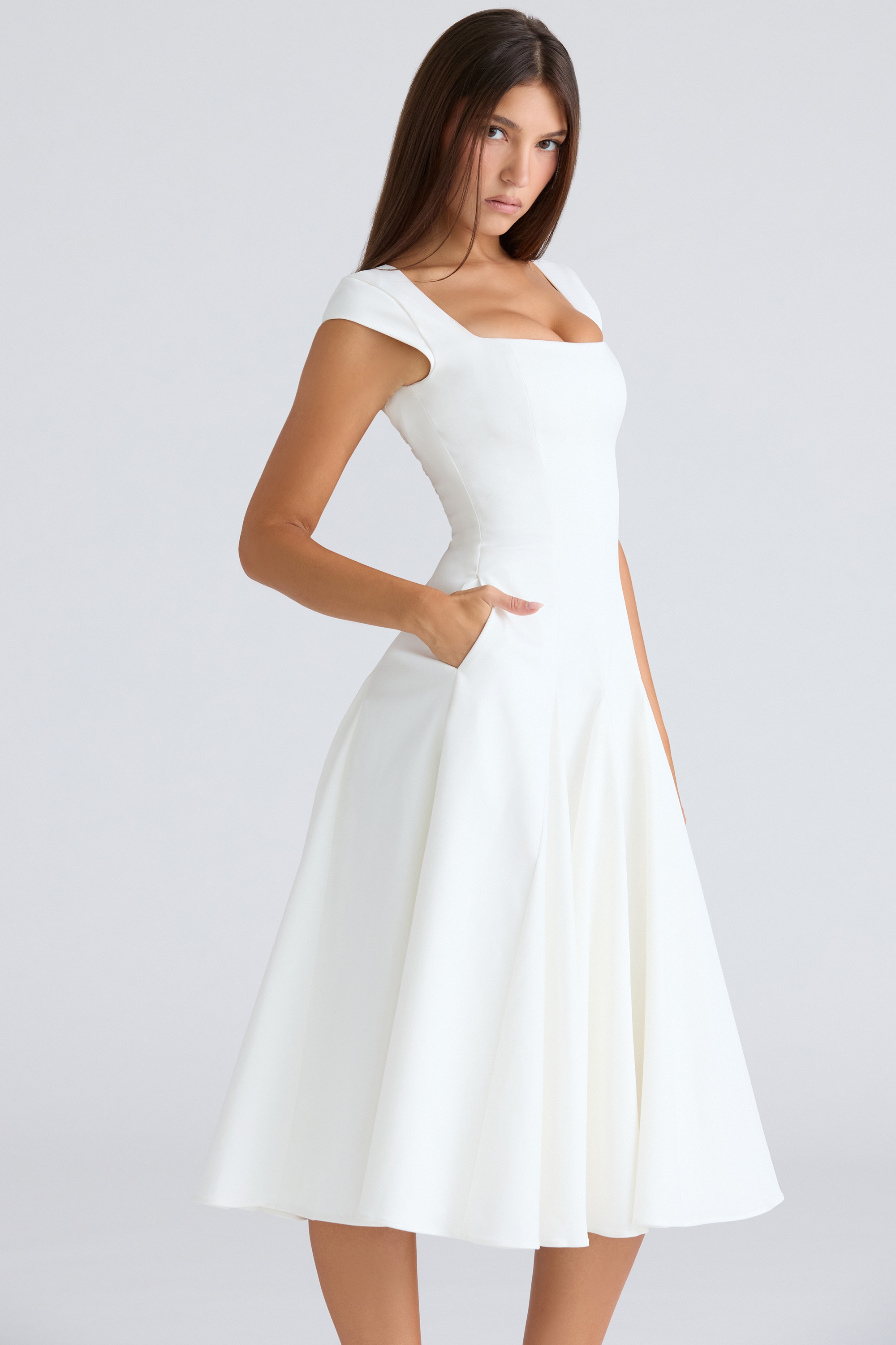 White Square Neck Twill Midi Dress - TREBLEV