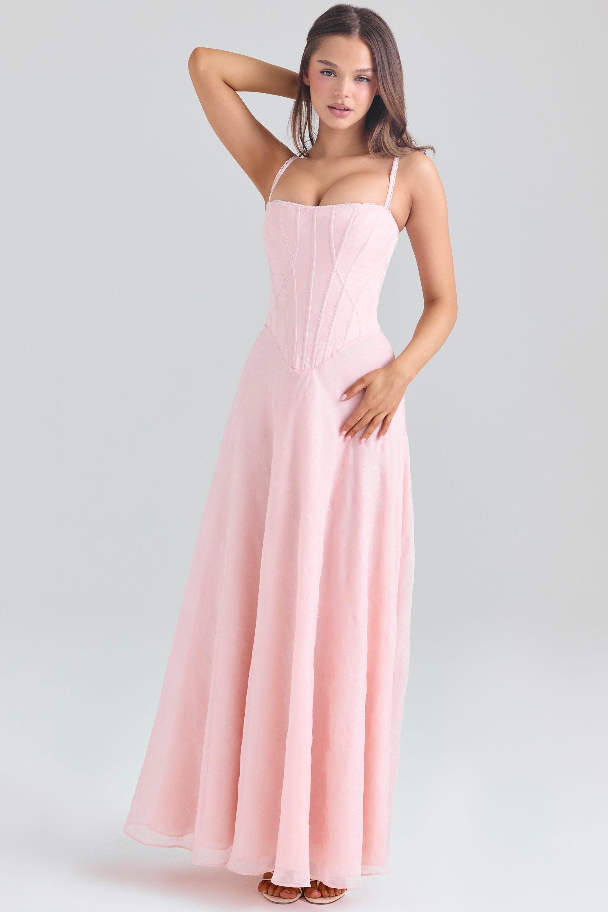 Blush Pink Lurex Chiffon Maxi Dress - TREBLEV