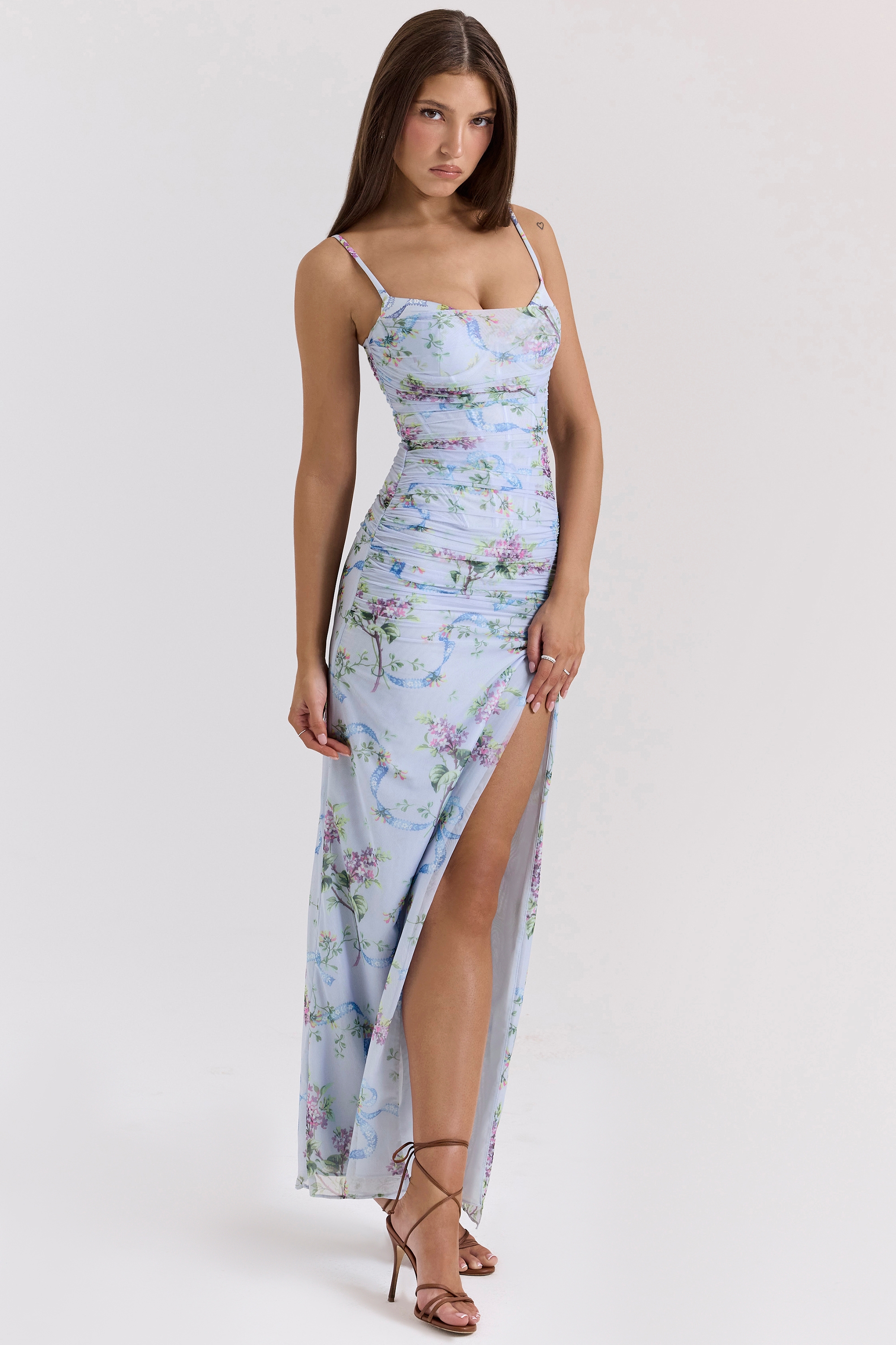 Blue Floral Print Mesh Maxi Dress - TREBLEV