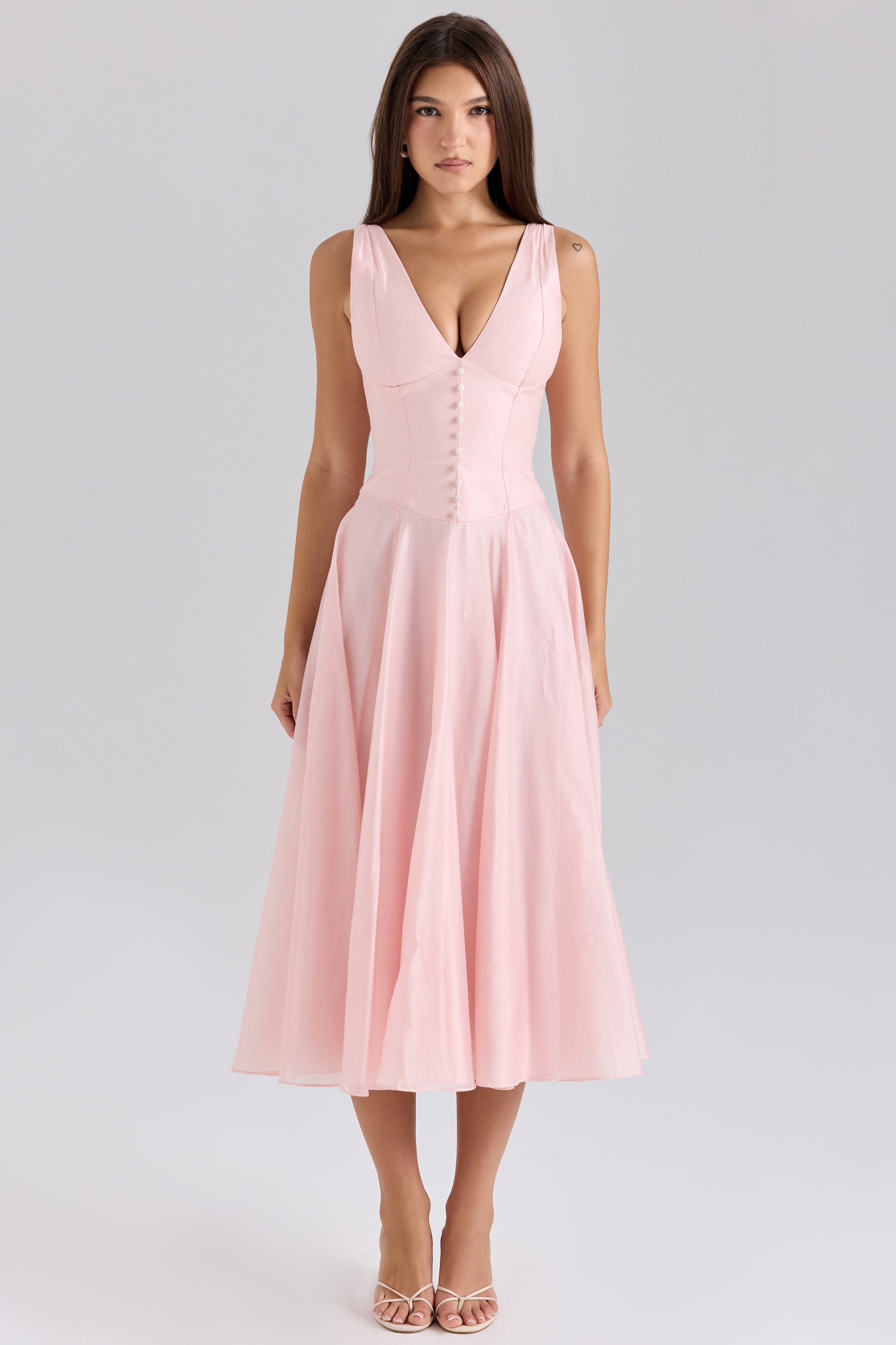 Pink Chiffon Button Midi Dress - TREBLEV