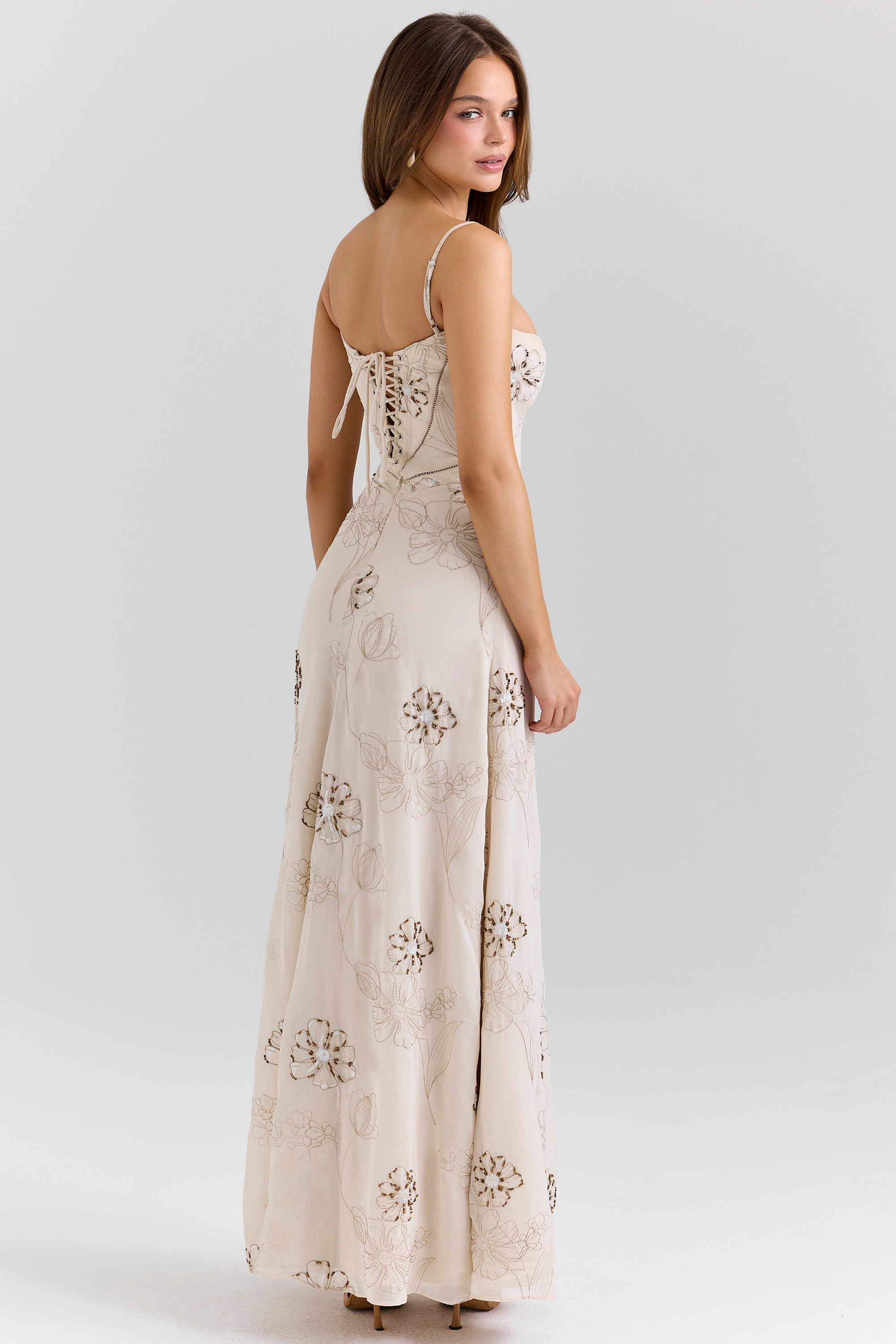 Vanilla Embroidered Hand Beaded Floral Maxi Dress - TREBLEV