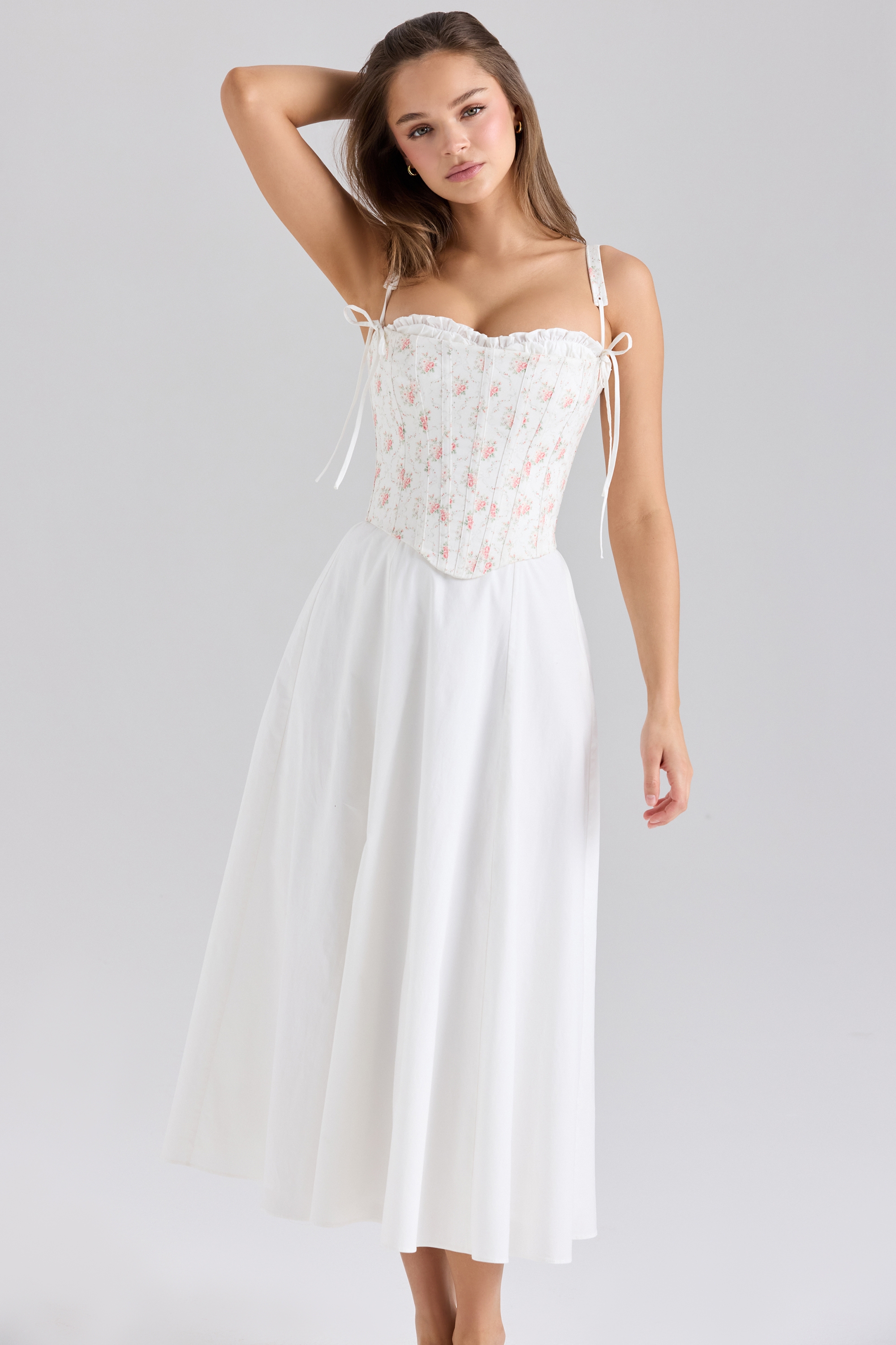 Rose Print Cotton Detachable Corset Midi Sundress - TREBLEV