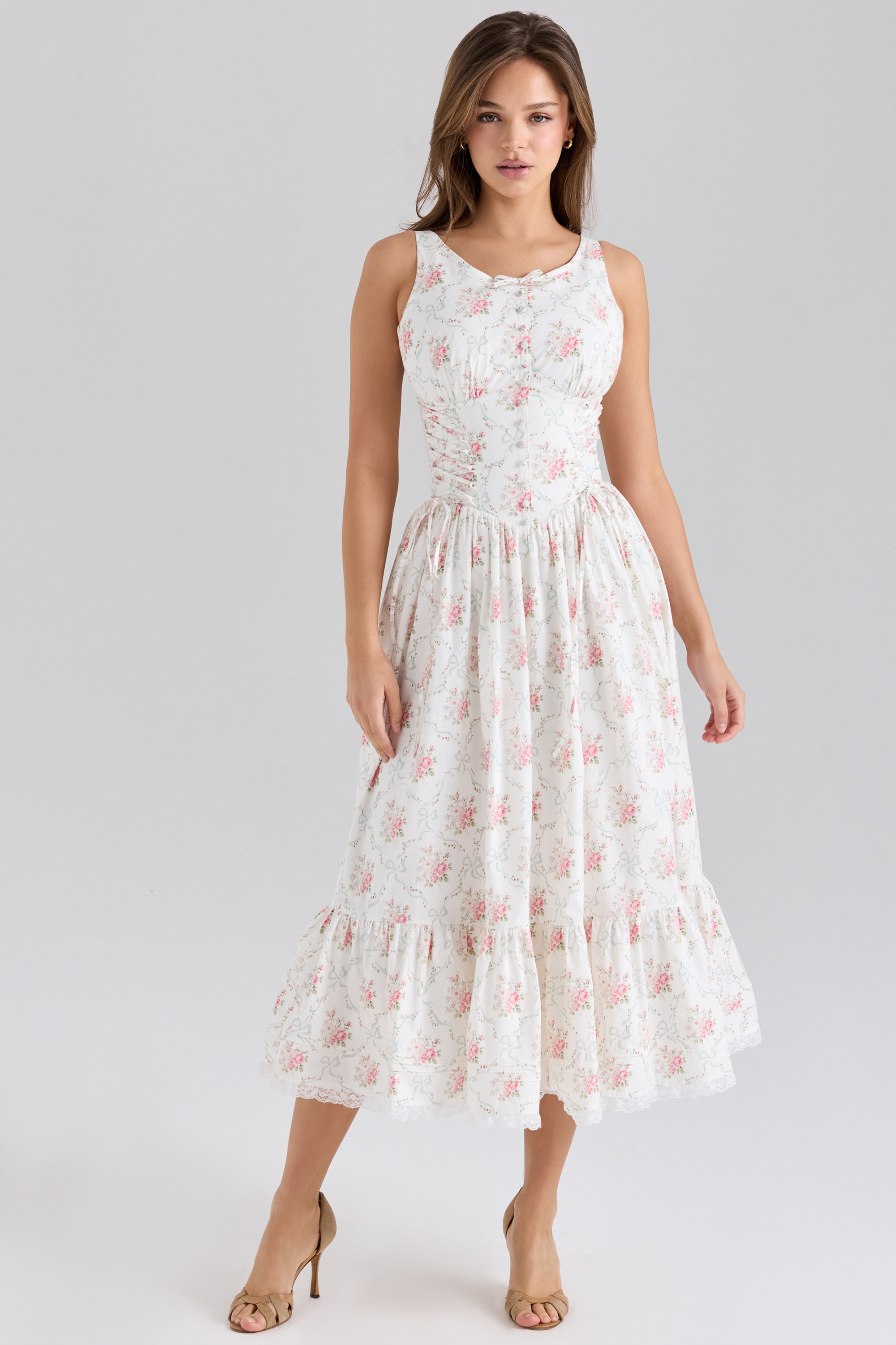 Rose Print Stretch Cotton Lace Up Midi Dress - TREBLEV