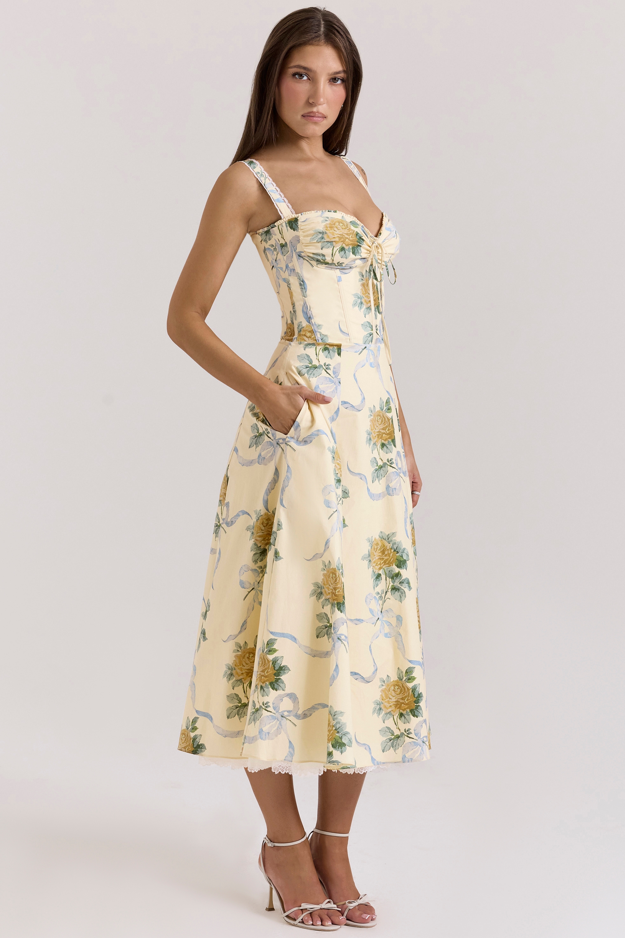Lemon Vintage Ribbon Print Cotton Midi Dress - TREBLEV