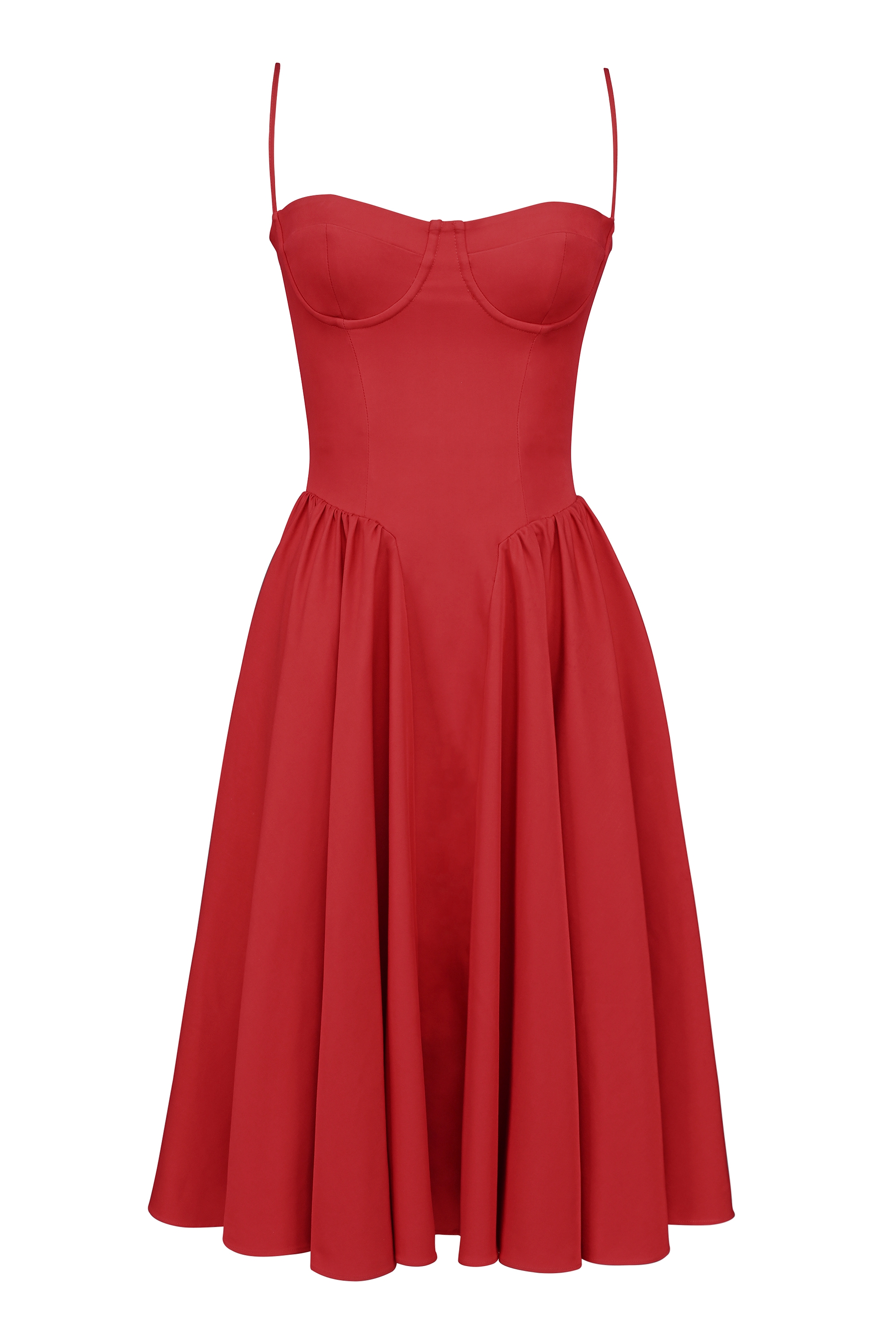 Red Gathered Midi Dress - TREBLEV