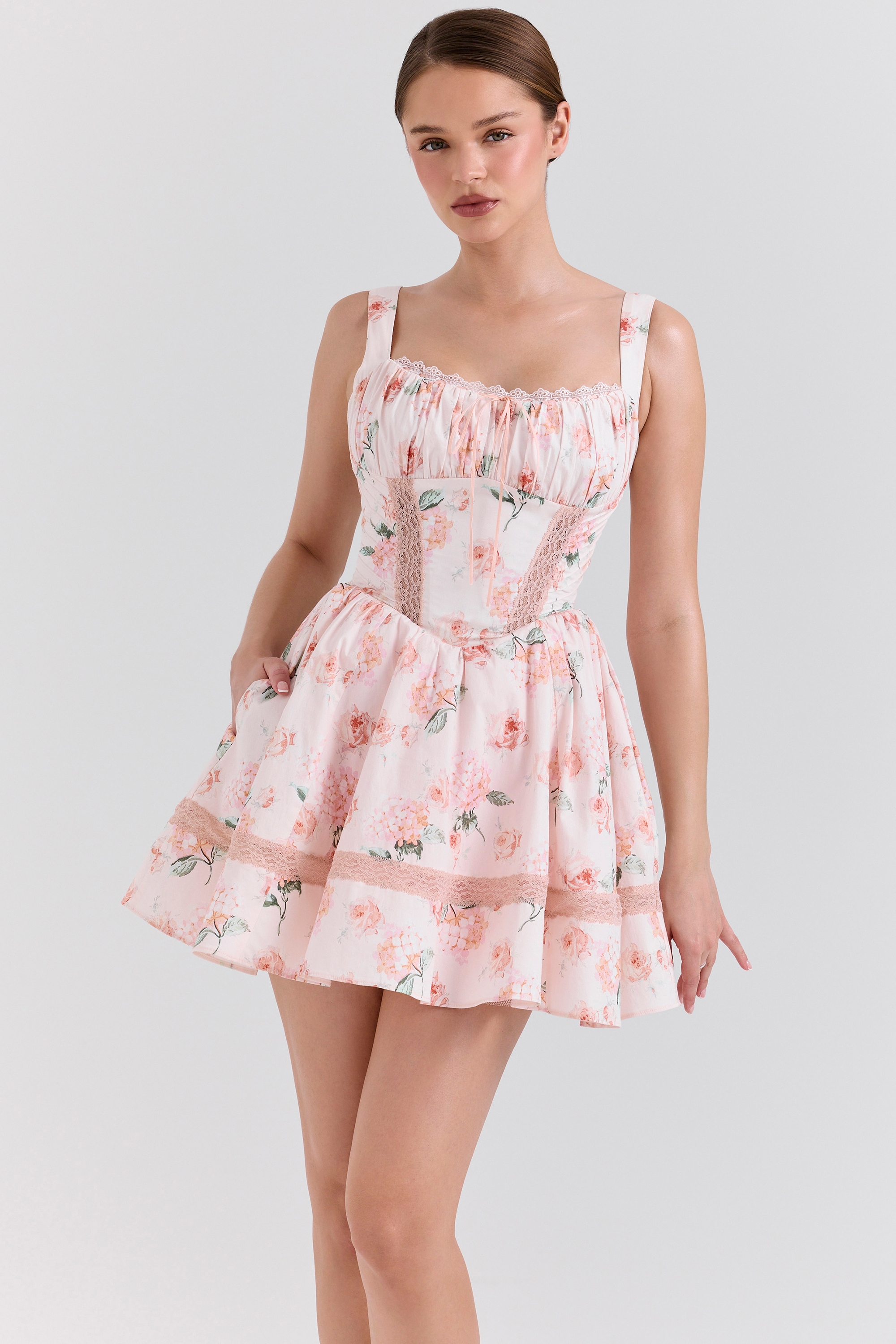 Peach Floral Rose Print Cotton Mini Dress - TREBLEV