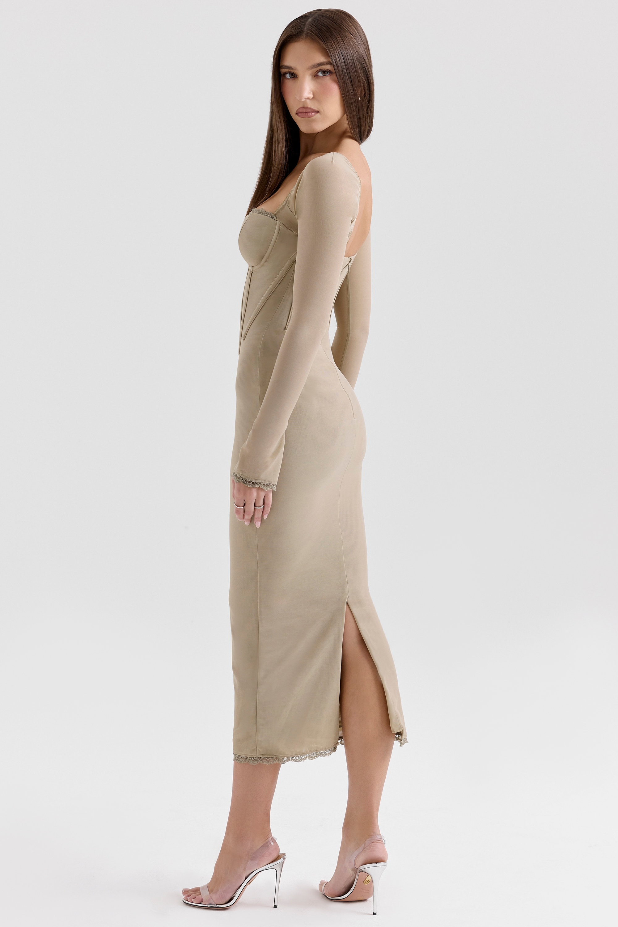Beige Mesh Long Sleeve Bodycon Midi Dress - TREBLEV