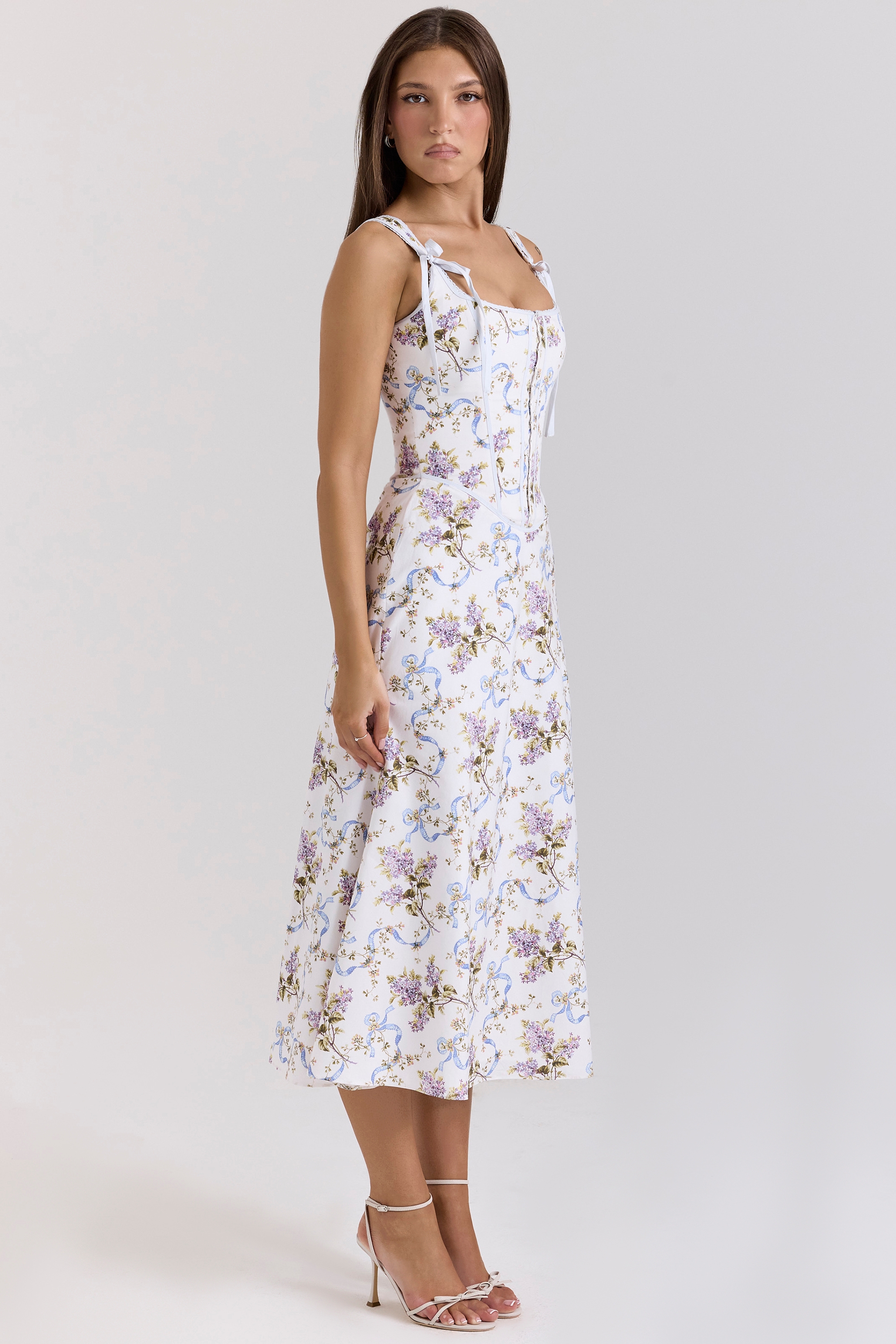 Off White Floral Print Cotton Midi Dress - TREBLEV